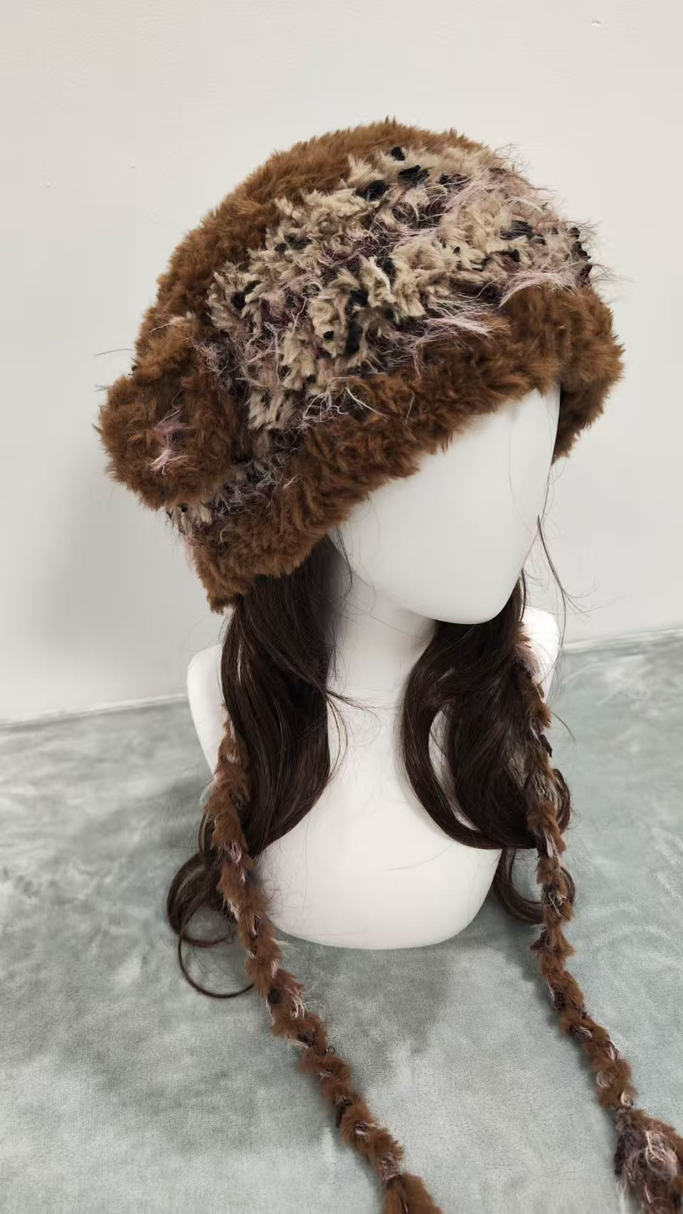 Brown Sheep Ear Crochet Beanie – Handmade Mixed Yarn Wool Hat