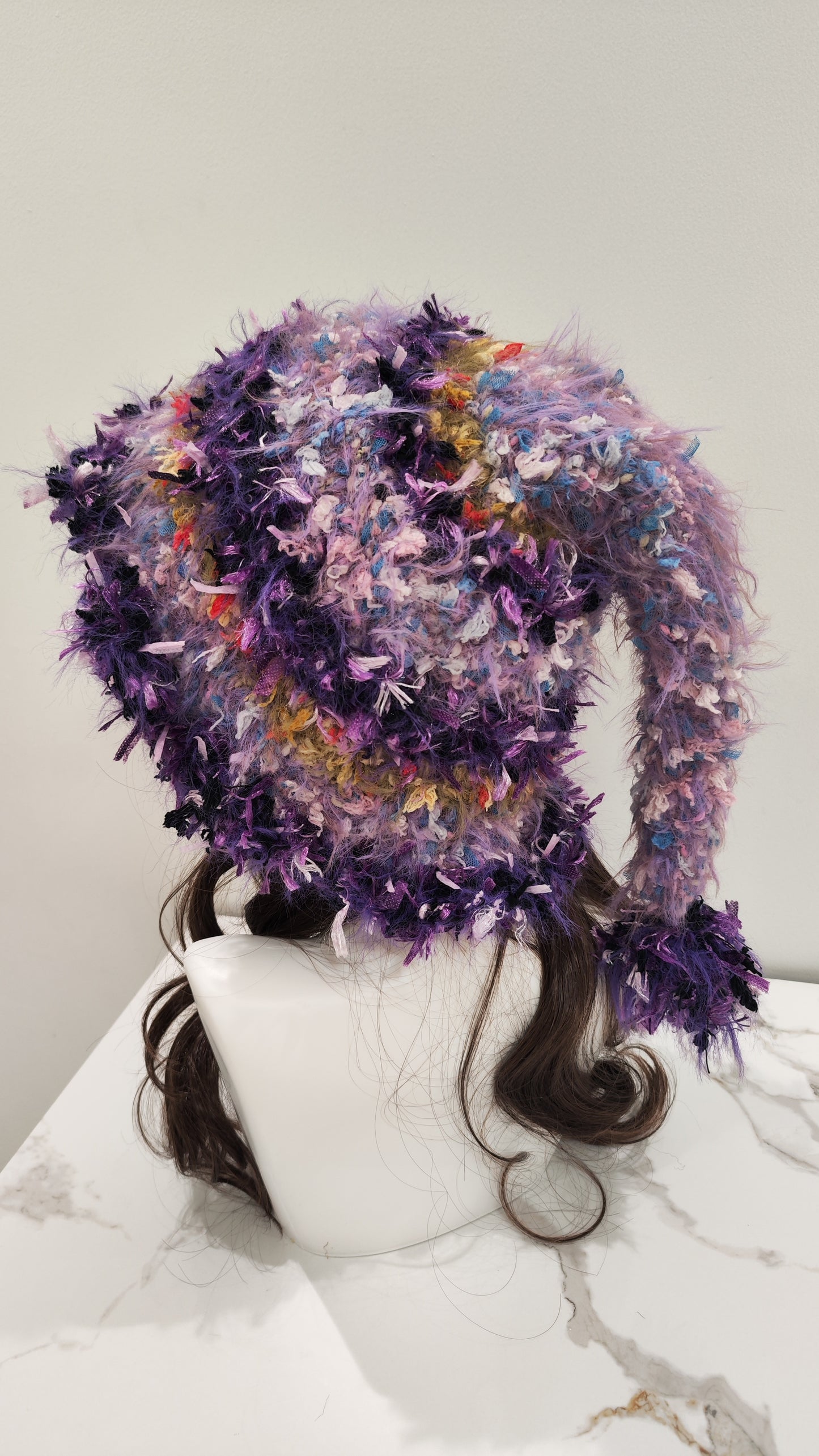 “Lilac Chime” Cat Ear Bell Hat – Purple Mixed Yarn Beanie with Bell