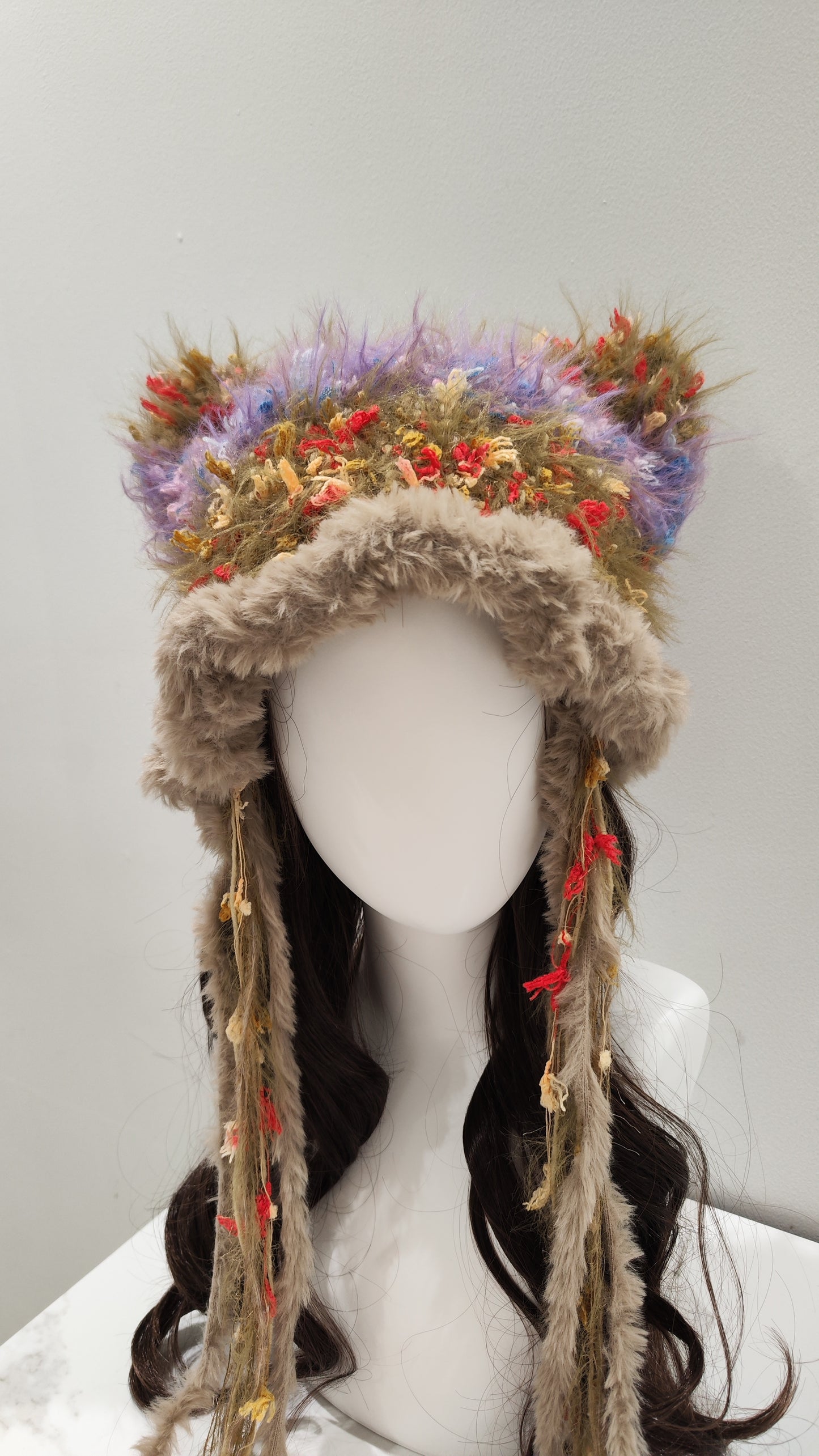 “Song of Freedom” Cat Ear Jellyfish Hat – Light Purple & Brown Mixed Yarn Beanie