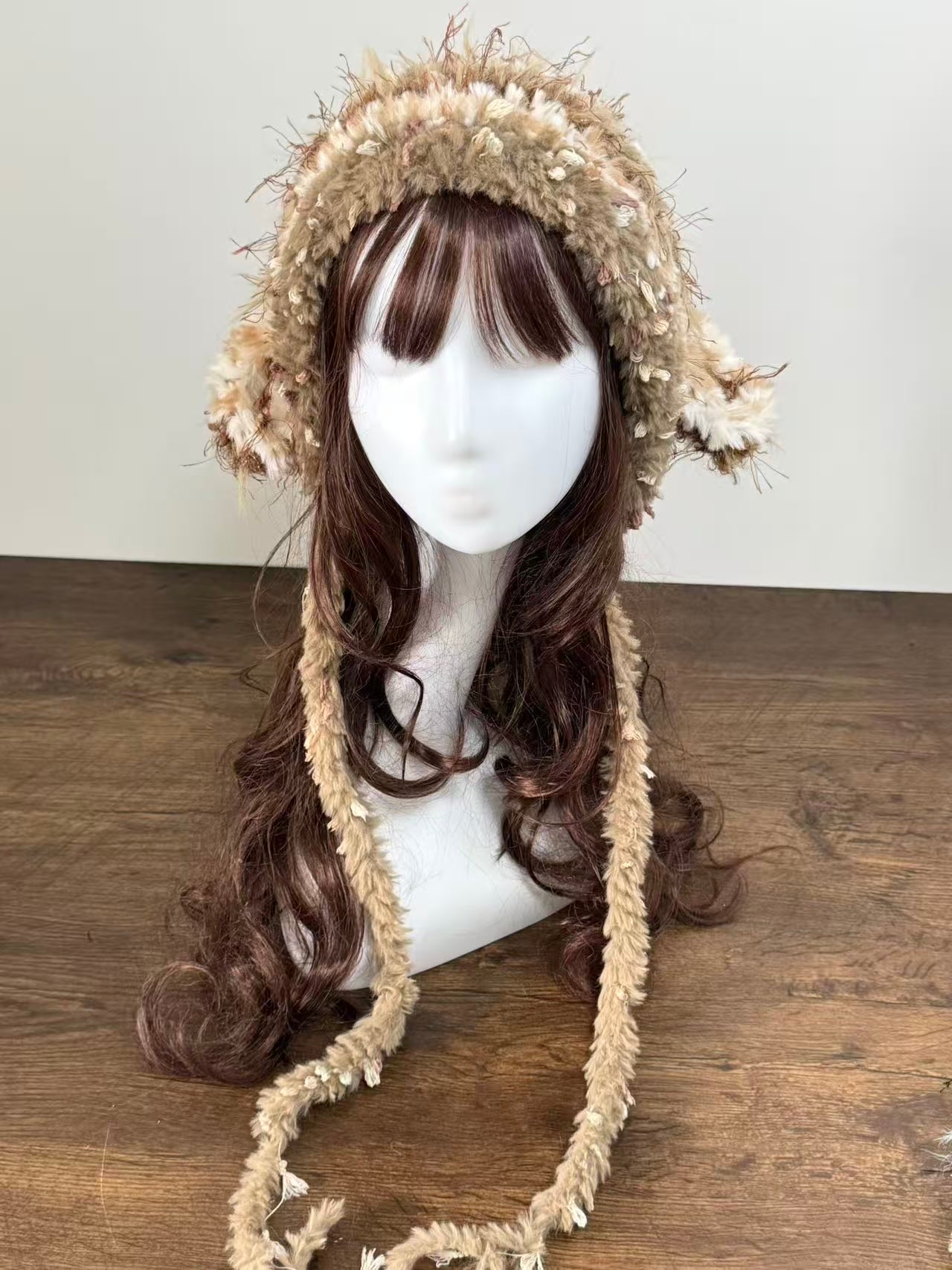 Gray and Coffee Brown Sheep Ear Hat – Handmade Fluffy Crochet Beanie