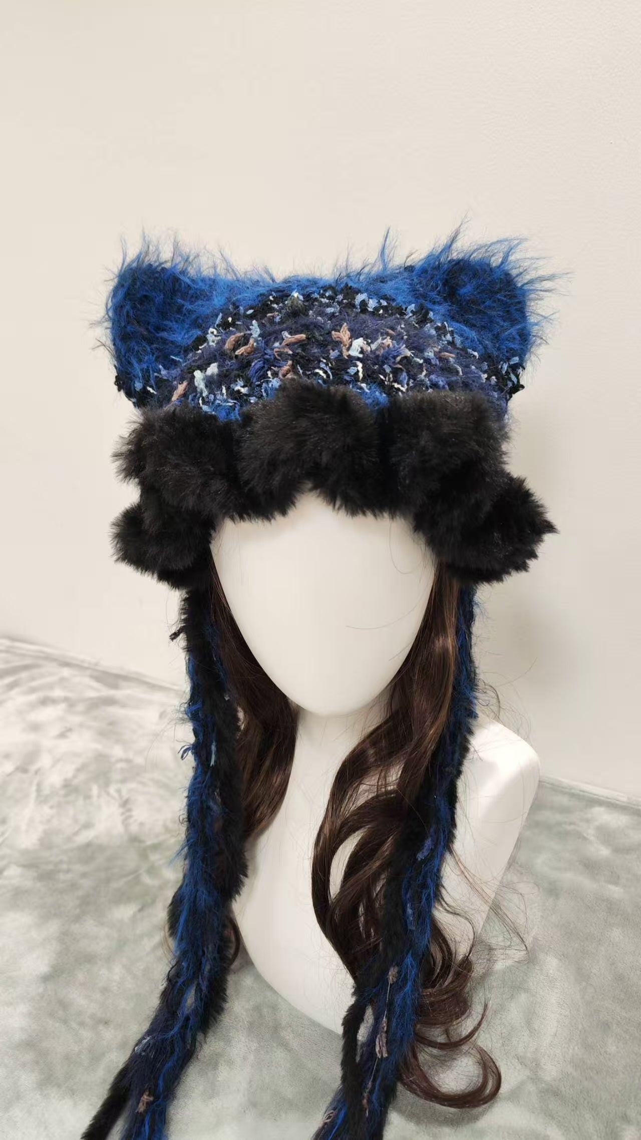 Blue Flame Cat Ear Jellyfish Hat – Handmade Fluffy Crochet Beanie with Black Ruffle Edge