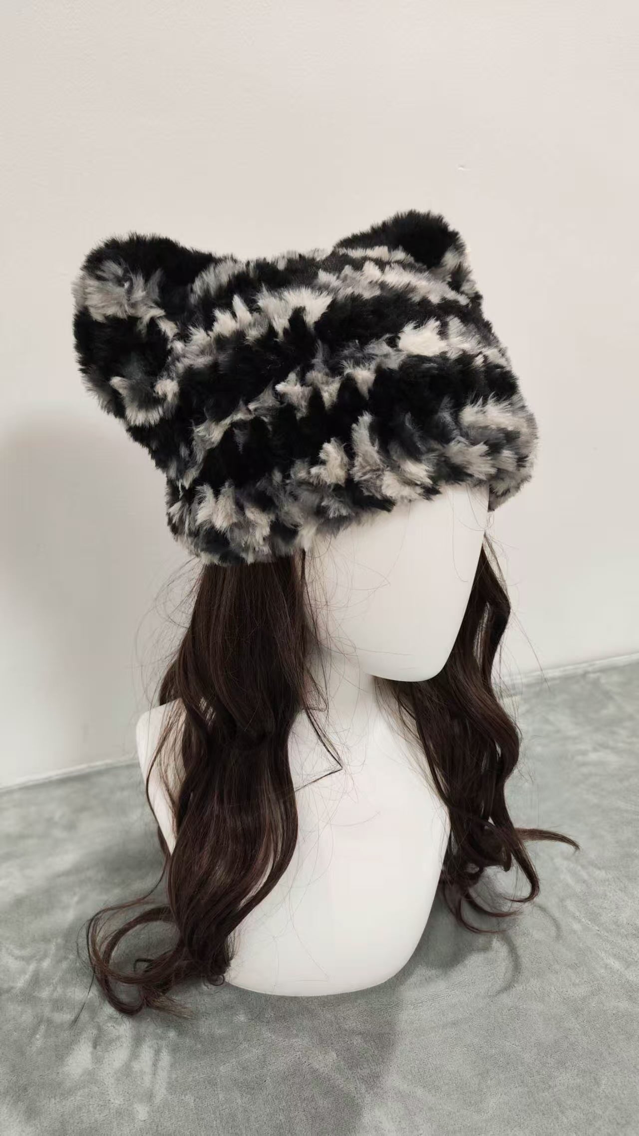 Black White Gray Camo Cat Ear Beanie – Handmade Mixed Yarn Fluffy Crochet Hat