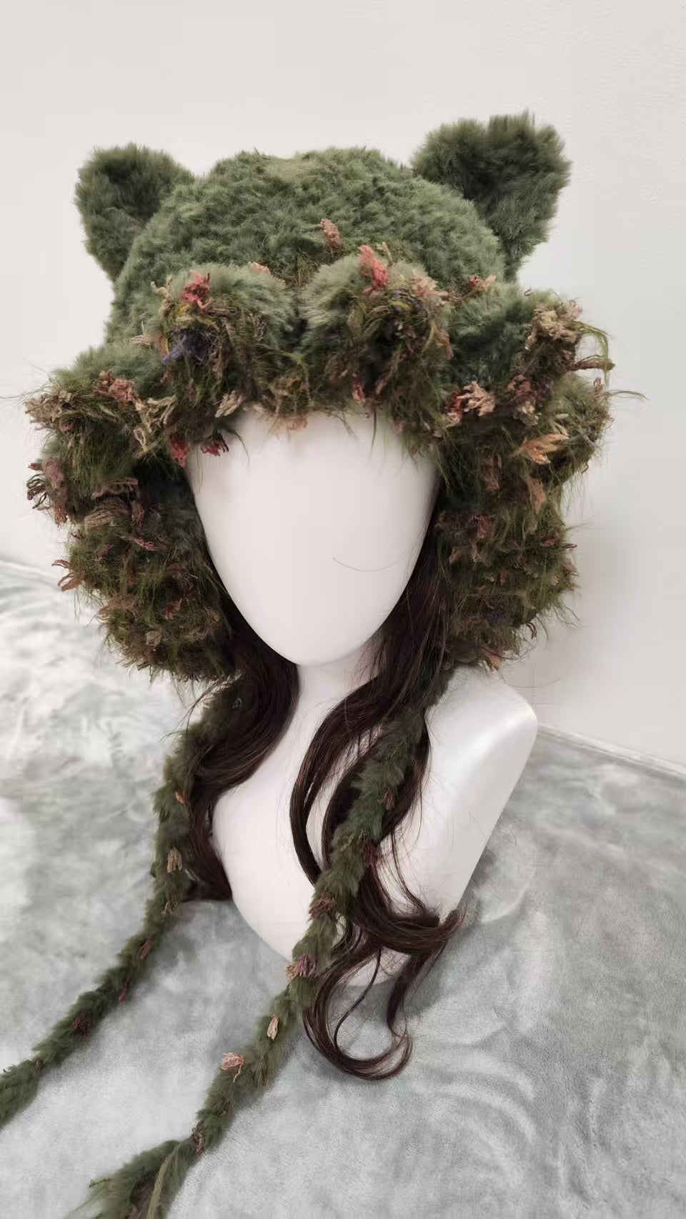 Moss Green Mixed Yarn Cat Ear Beanie – Handmade Crochet Knit Hat