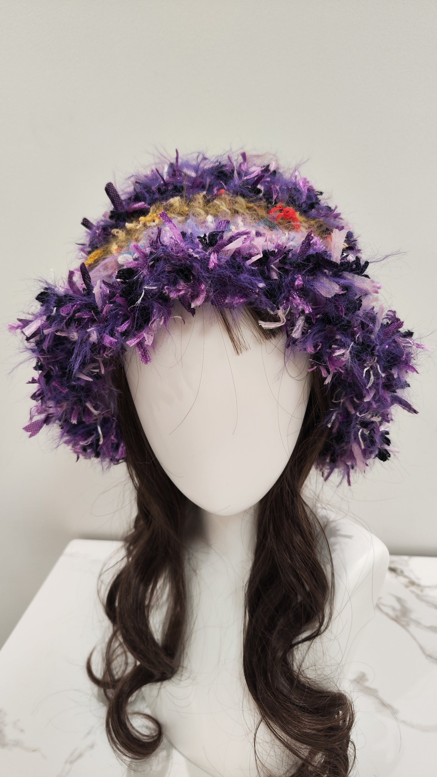 “Lilac Chime” Cat Ear Bell Hat – Purple Mixed Yarn Beanie with Bell