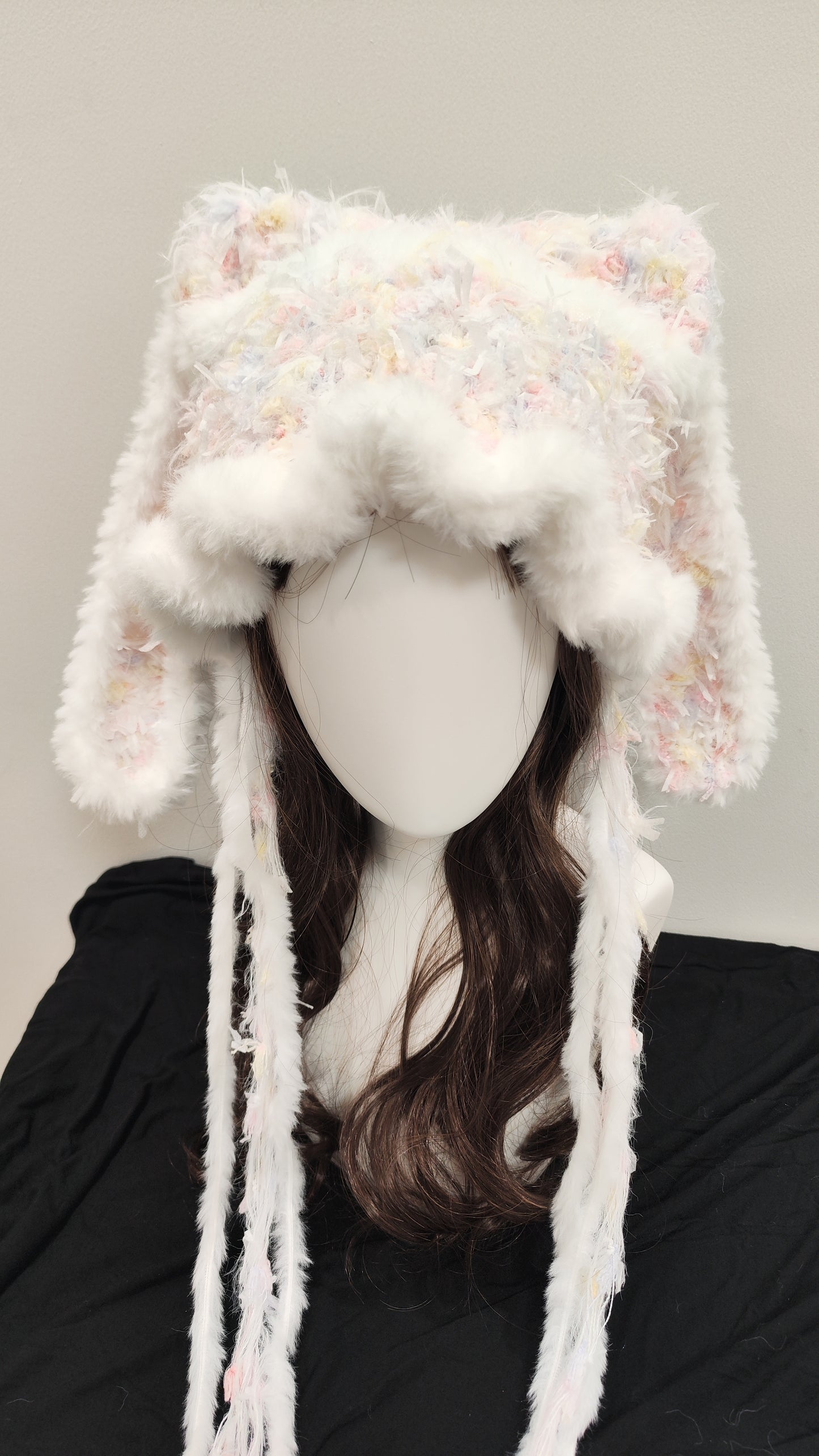 “Snow Bunny” Handmade White Ruffled Bunny Ear Hat