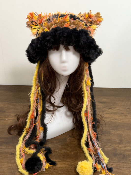 Yellow Black Cat Ear Jellyfish Hat with Pom Poms – Handmade Fluffy Crochet Beanie