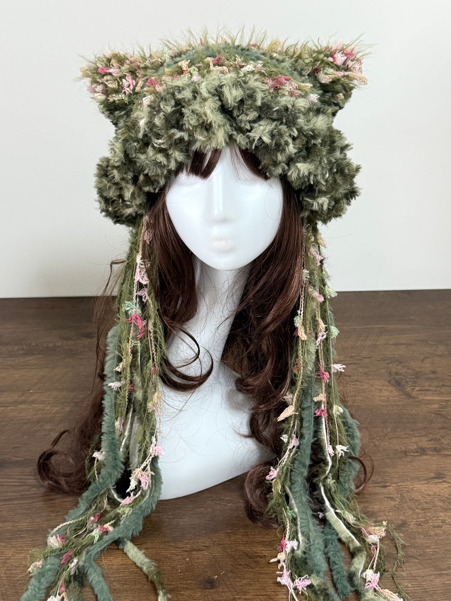 Emerald Forest Cat Ear Jellyfish Hat – Handmade Fluffy Green Beanie