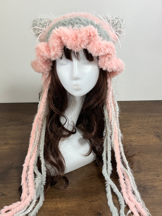 Light Gray and Blush Pink Cat Ear Jellyfish Hat – Handmade Fluffy Beanie