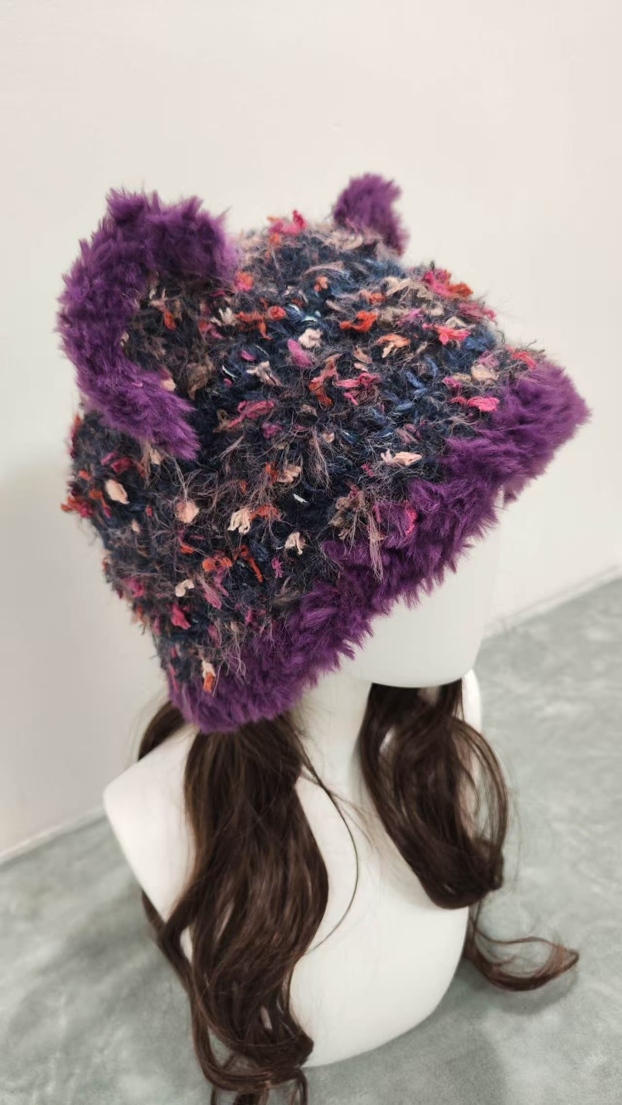 Midnight Fireworks Purple Bear Hat – Handmade Fluffy Mixed Yarn Beanie