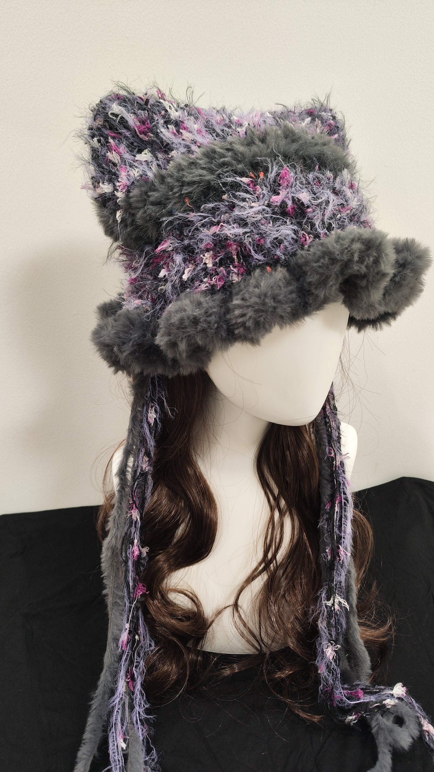 “Twilight Mist” Cat Ear Jellyfish Hat – Purple & Gray Mixed Yarn Beanie