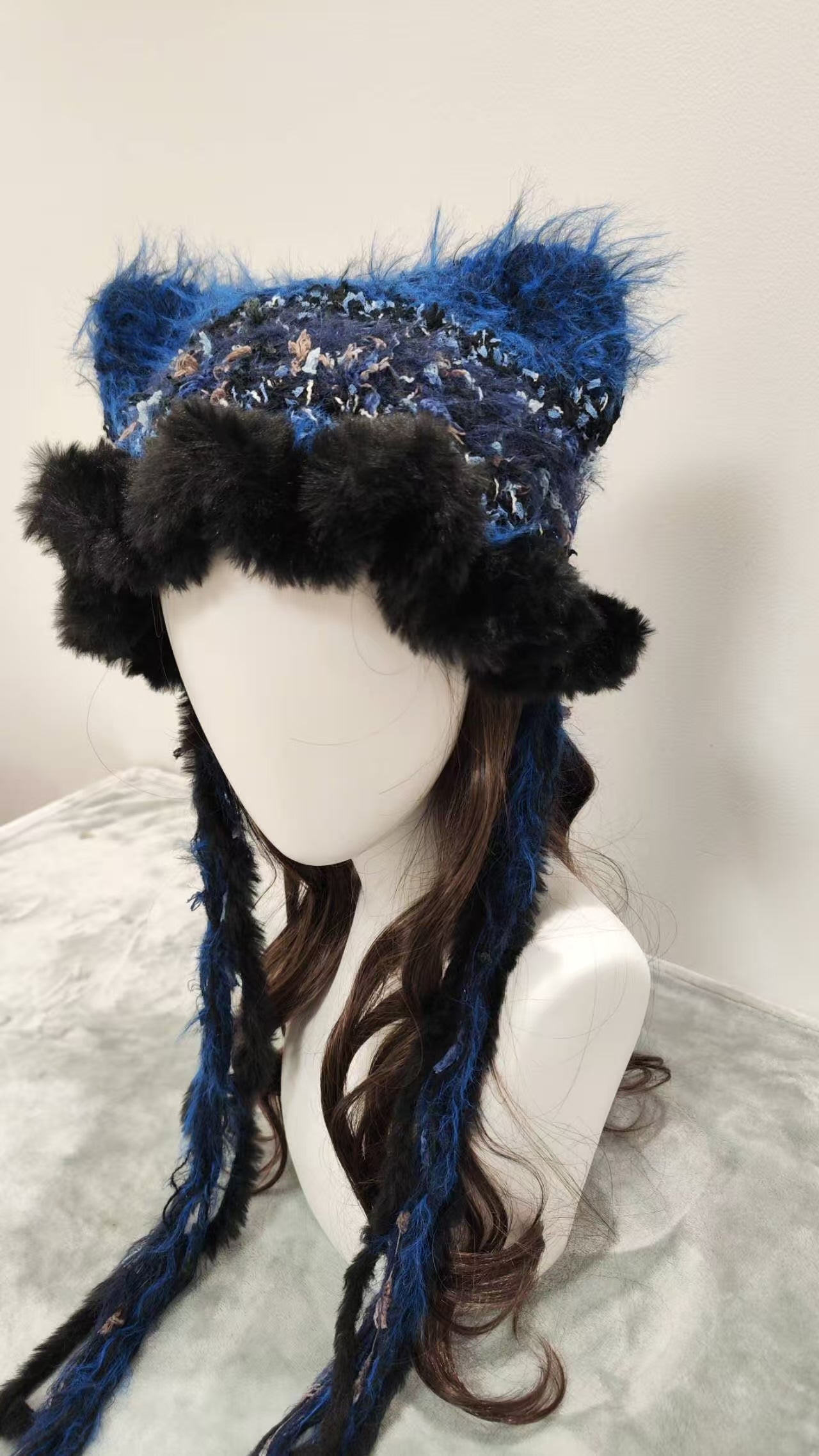 Blue Flame Cat Ear Jellyfish Hat – Handmade Fluffy Crochet Beanie with Black Ruffle Edge