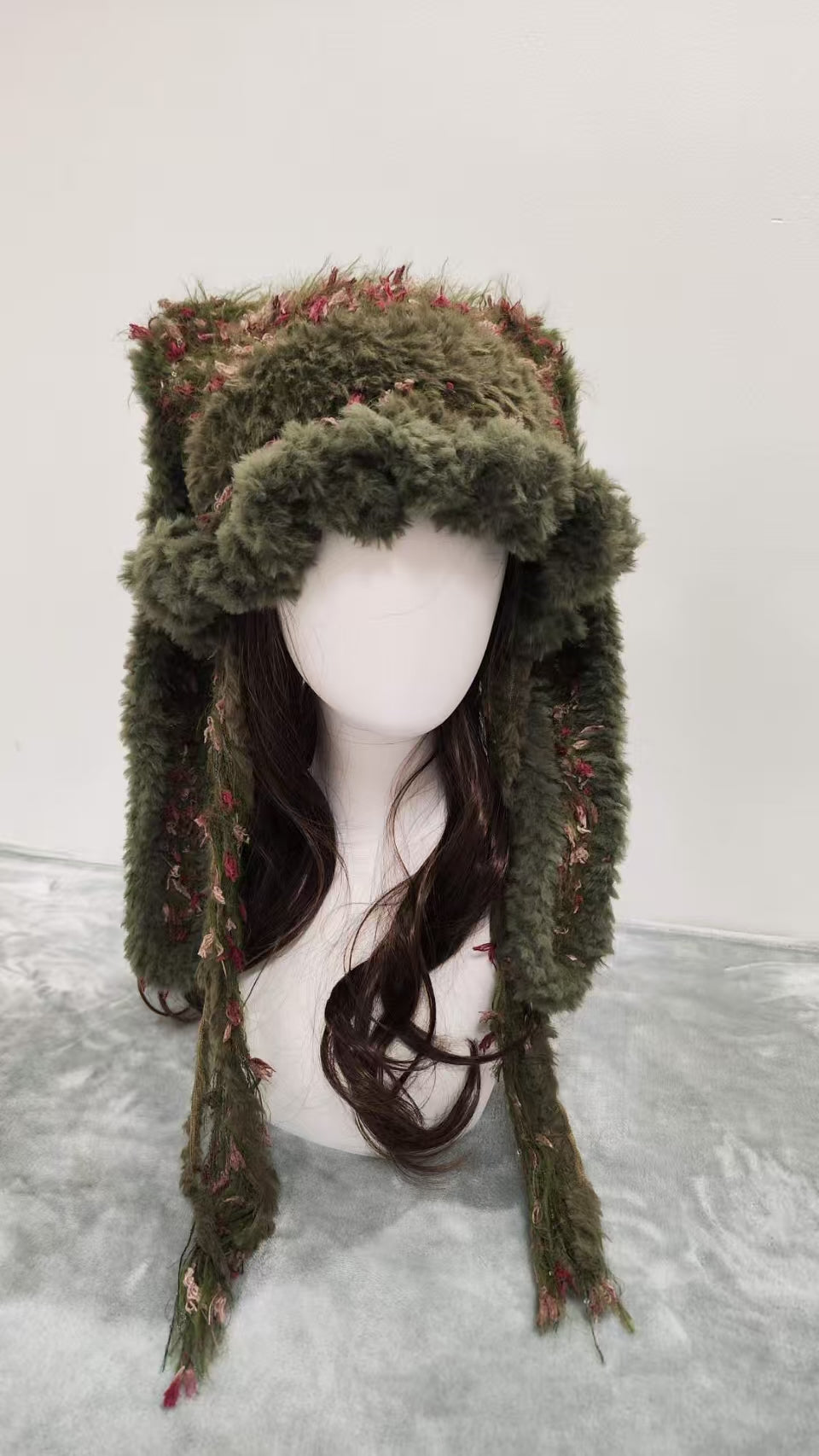 Mossy Brown Bunny Ear Beanie – Handmade Mixed Yarn Crochet Hat