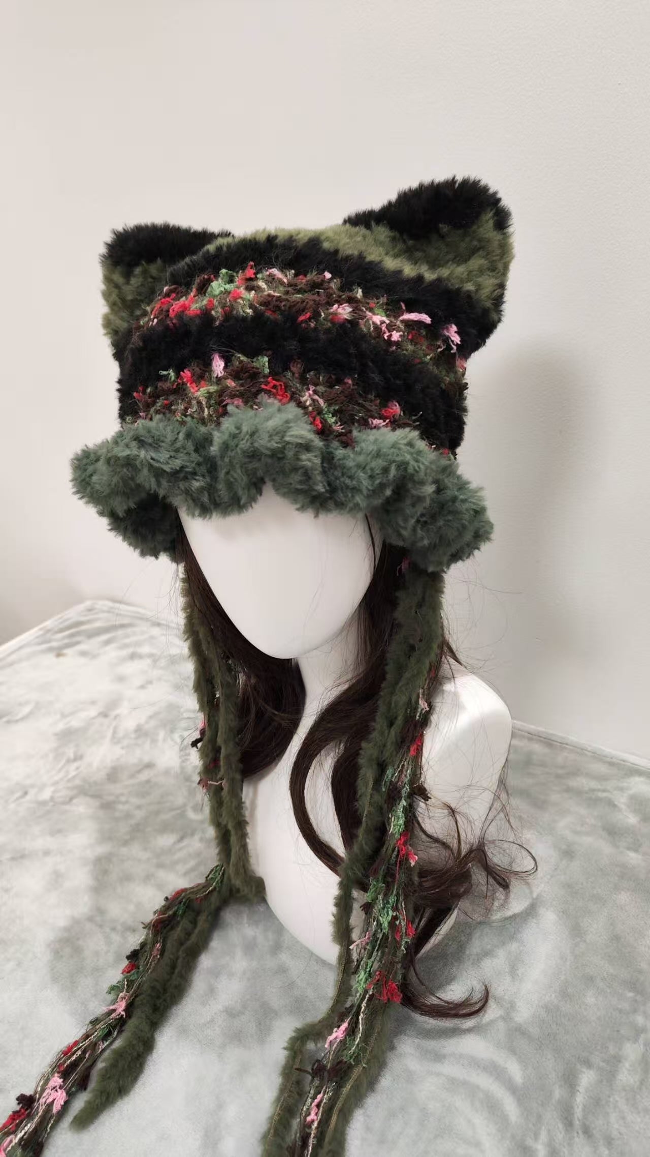 Wild Vine Cat Ear Jellyfish Hat – Handmade Mixed Yarn Crochet Beanie