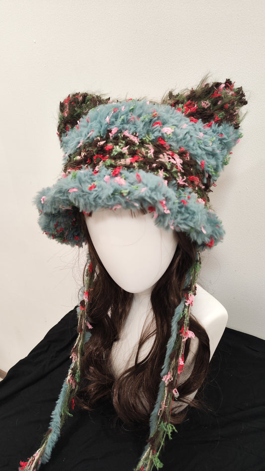 “Cocoa Sky” Cat Ear Beanie – Blue & Brown Mixed Yarn Hat