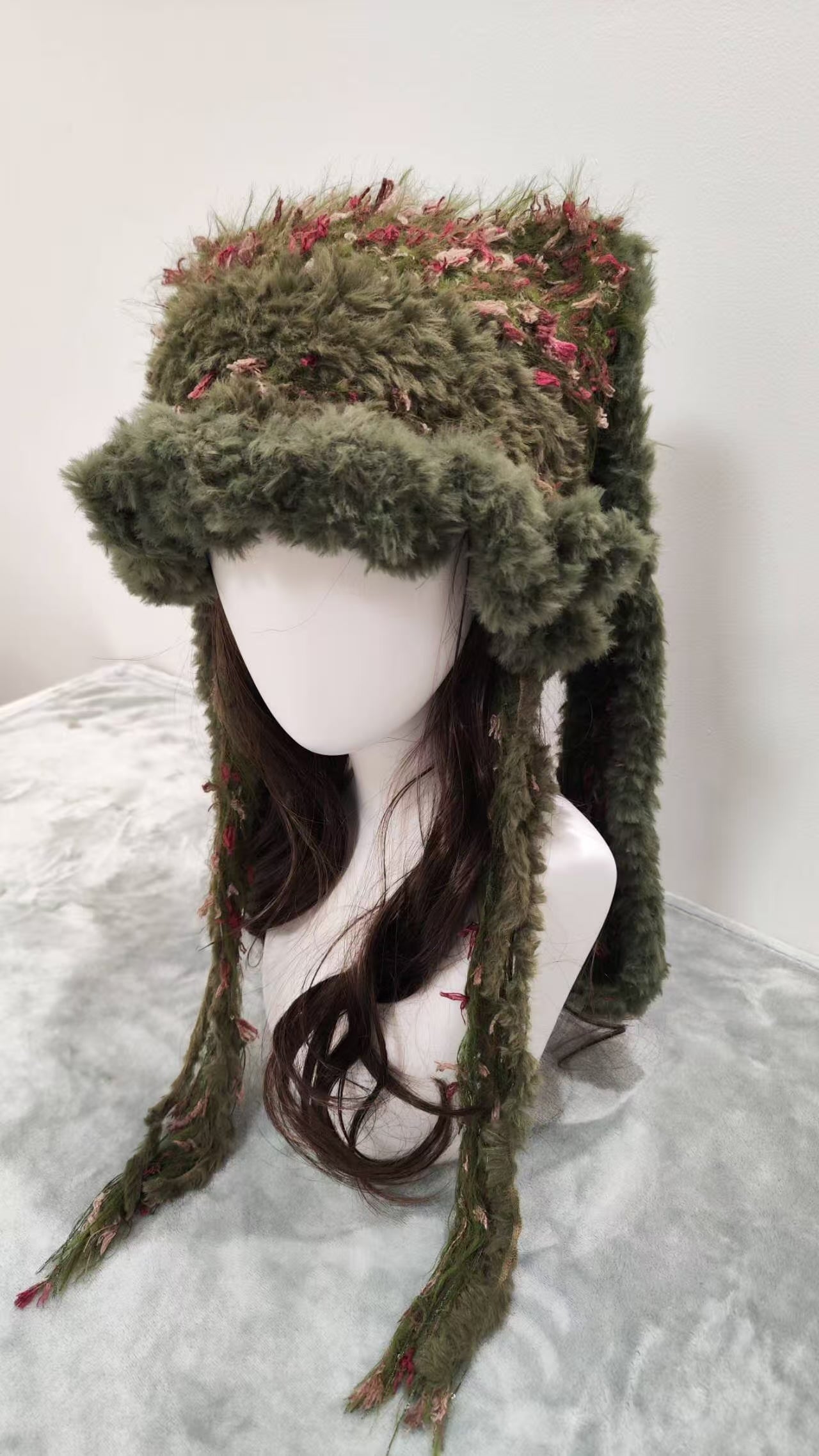 Mossy Brown Bunny Ear Beanie – Handmade Mixed Yarn Crochet Hat