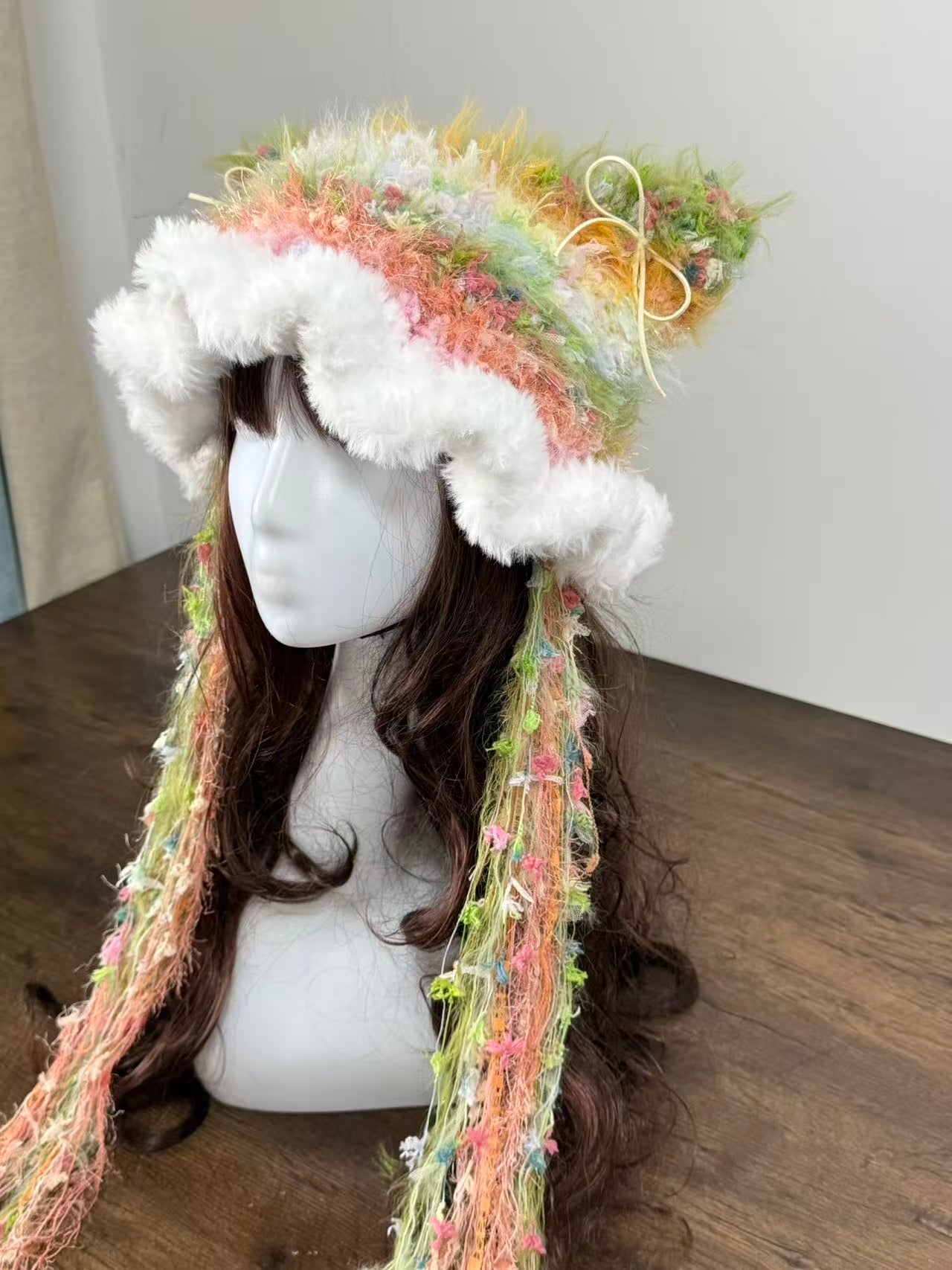 Watermelon Soda Cat Ear Jellyfish Hat – Handmade Fluffy Mixed Yarn Beanie