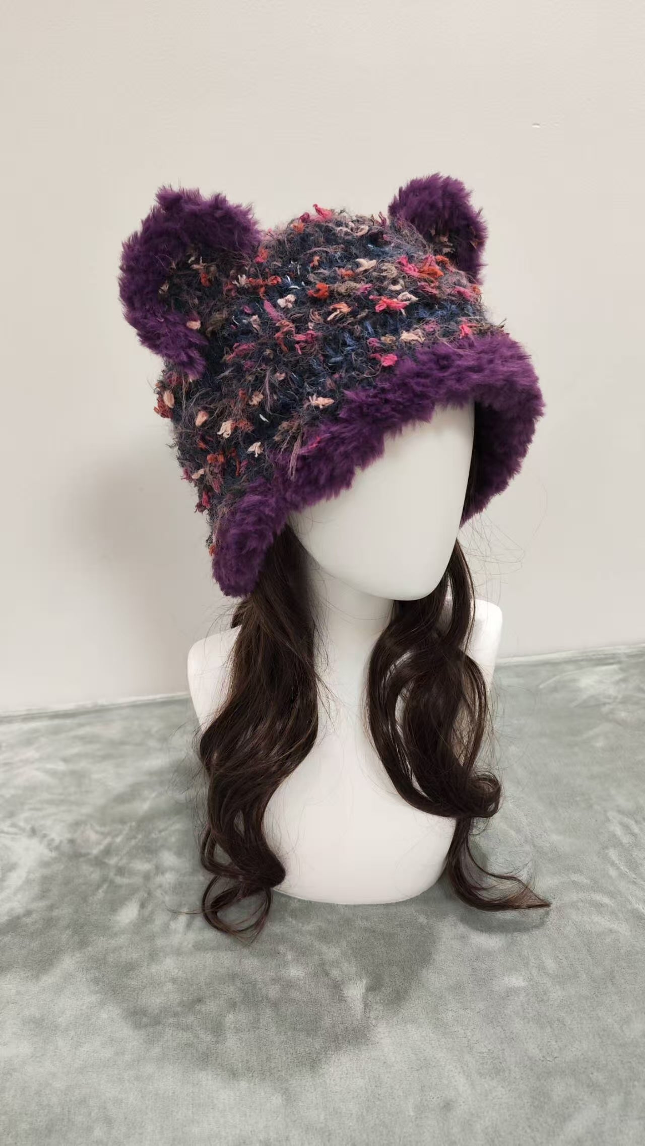 Midnight Fireworks Purple Bear Hat – Handmade Fluffy Mixed Yarn Beanie