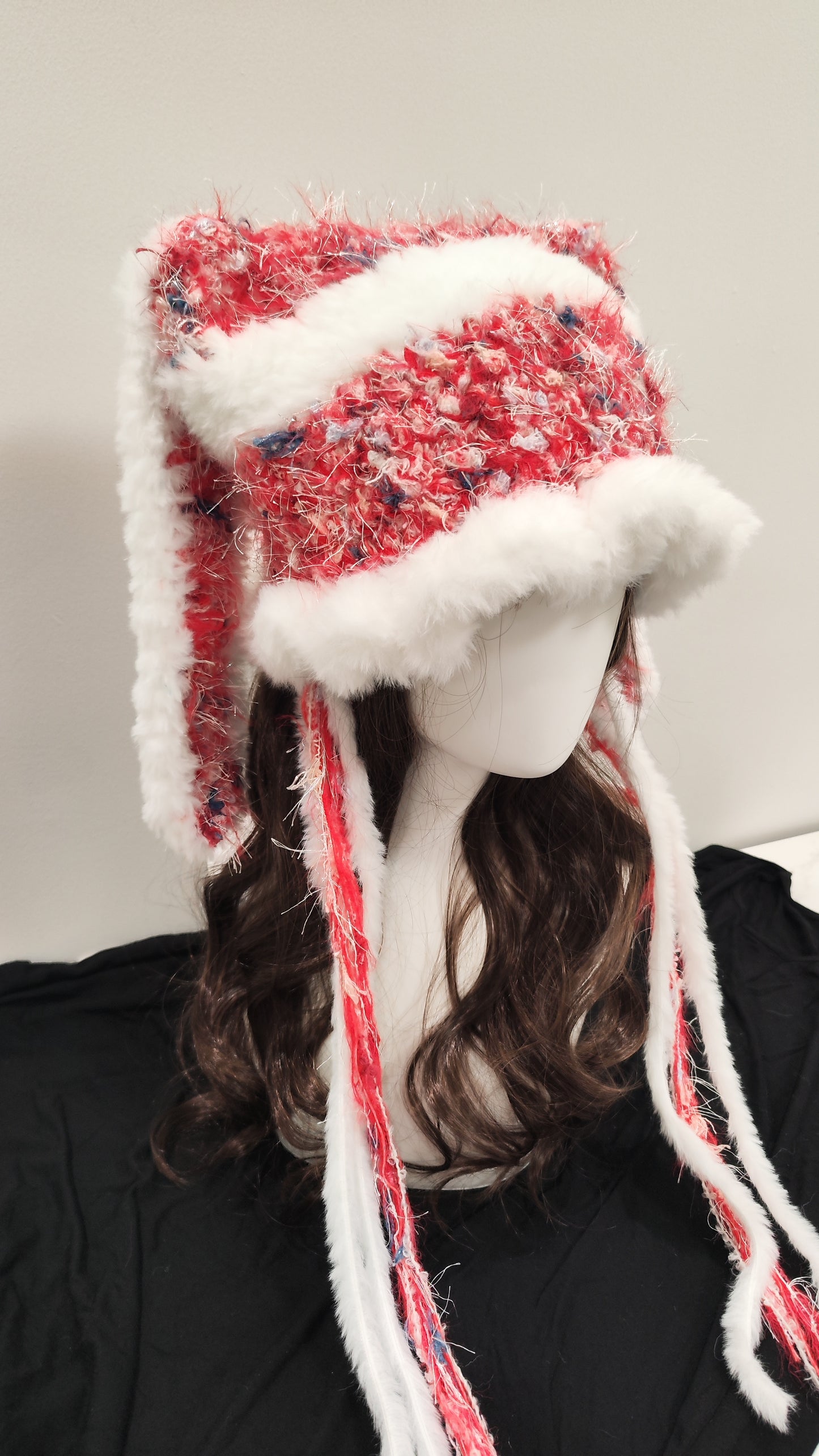 “Merry Bunny” Handcrafted Red & White Bunny Ear Hat – Christmas Edition
