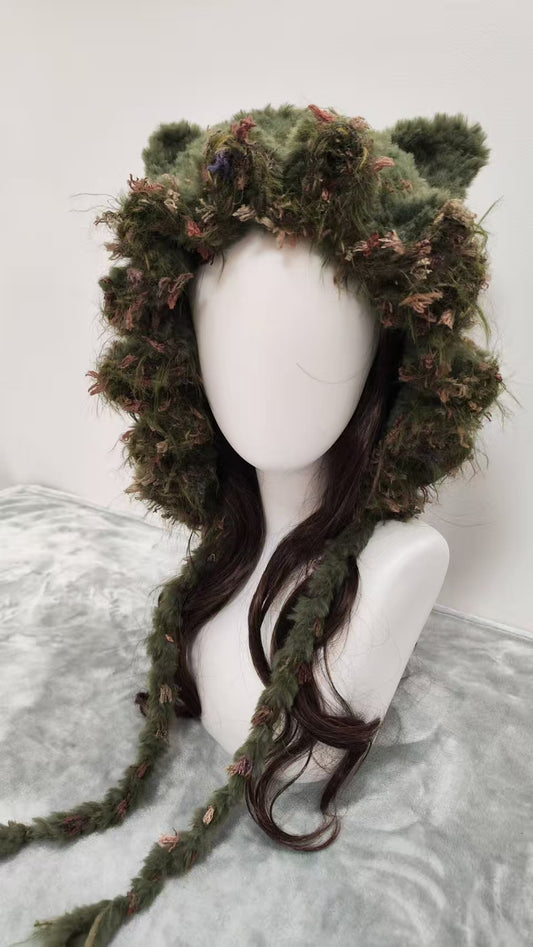 Moss Green Mixed Yarn Cat Ear Beanie – Handmade Crochet Knit Hat