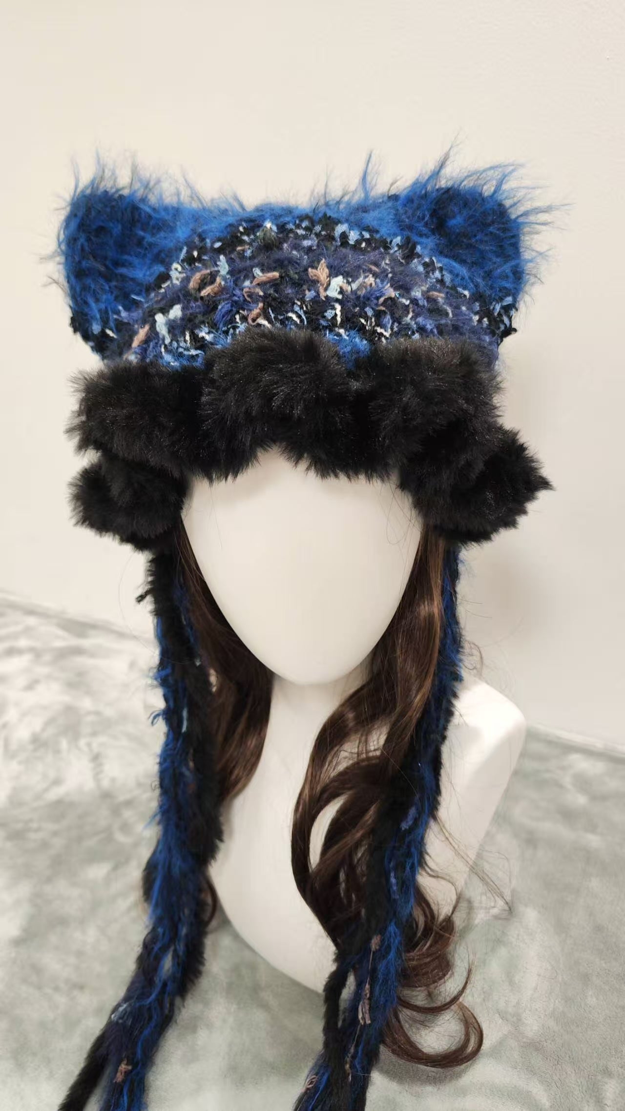 Blue Flame Cat Ear Jellyfish Hat – Handmade Fluffy Crochet Beanie with Black Ruffle Edge