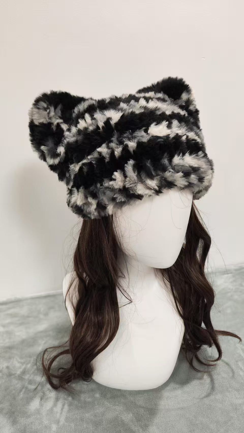 Black White Gray Camo Cat Ear Beanie – Handmade Mixed Yarn Fluffy Crochet Hat