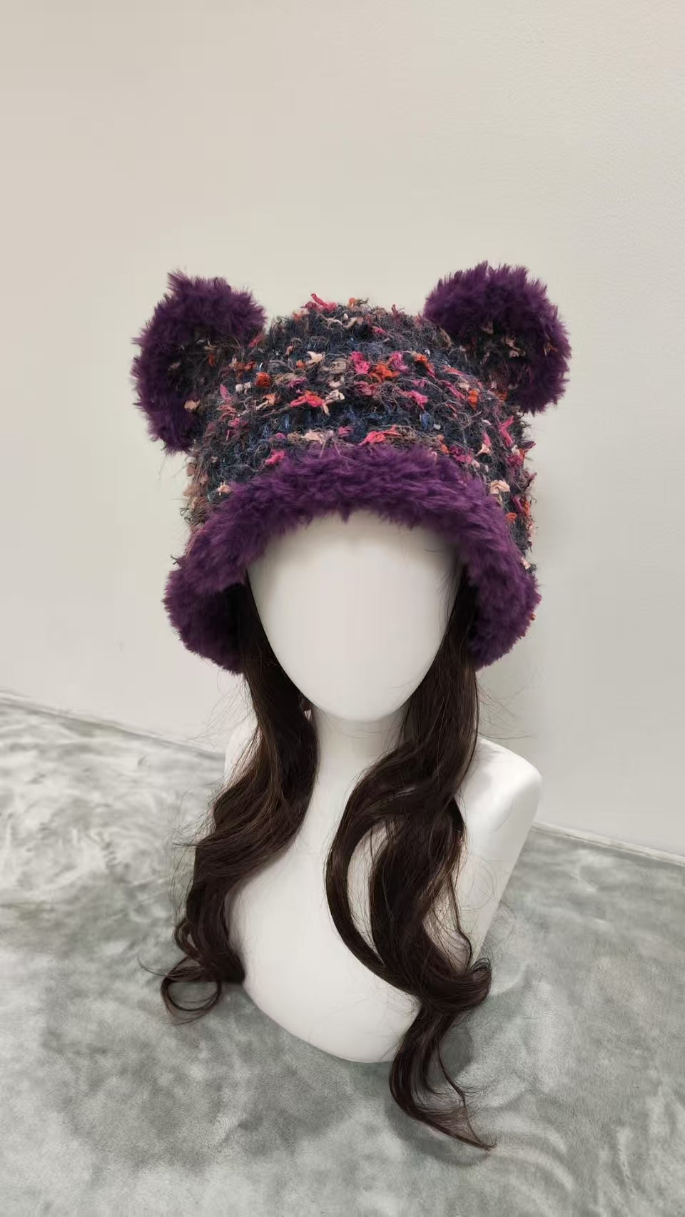 Midnight Fireworks Purple Bear Hat – Handmade Fluffy Mixed Yarn Beanie