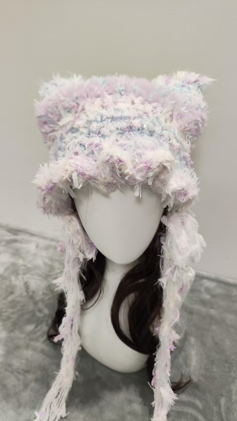 Snow Fairy Cat Ear Jellyfish Hat – Handmade Fluffy Mixed Yarn Beanie