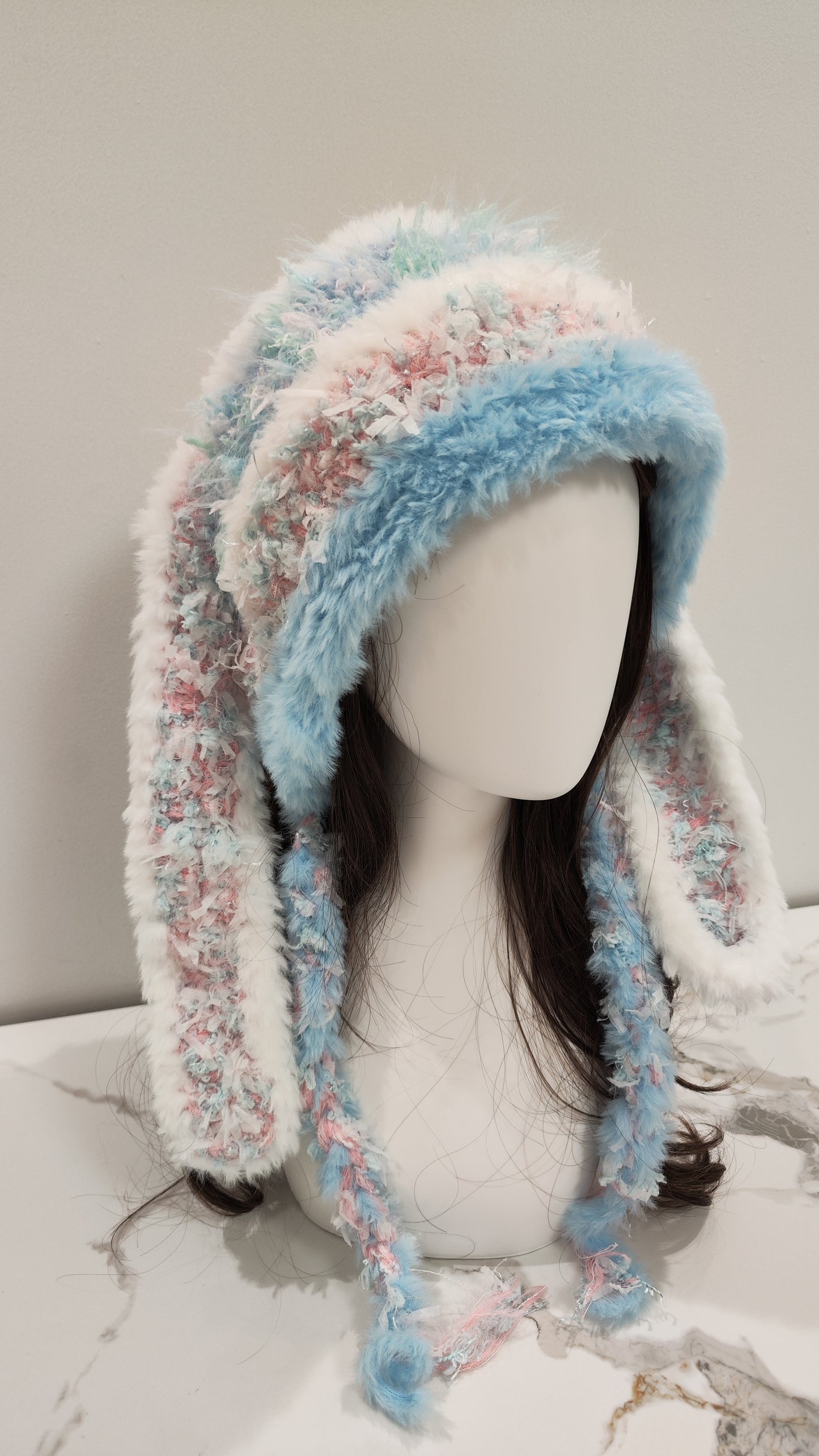 “Baby Bunny” Long-Ear Handmade Mixed Yarn Hat – Baby Blue Beanie