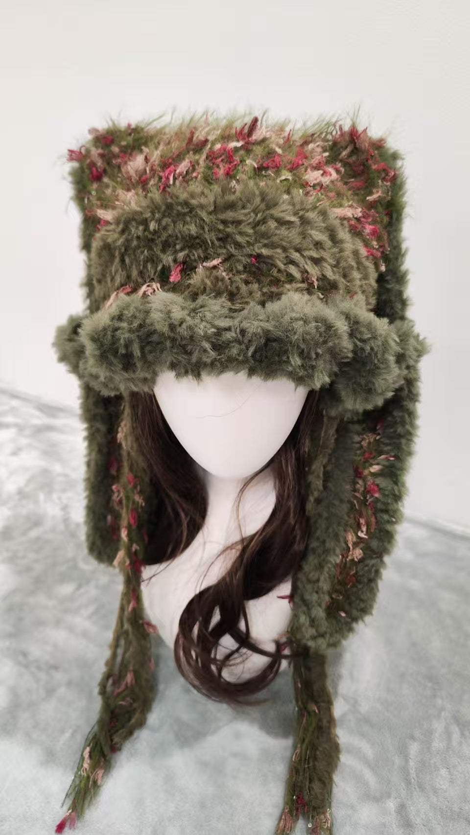 Mossy Brown Bunny Ear Beanie – Handmade Mixed Yarn Crochet Hat