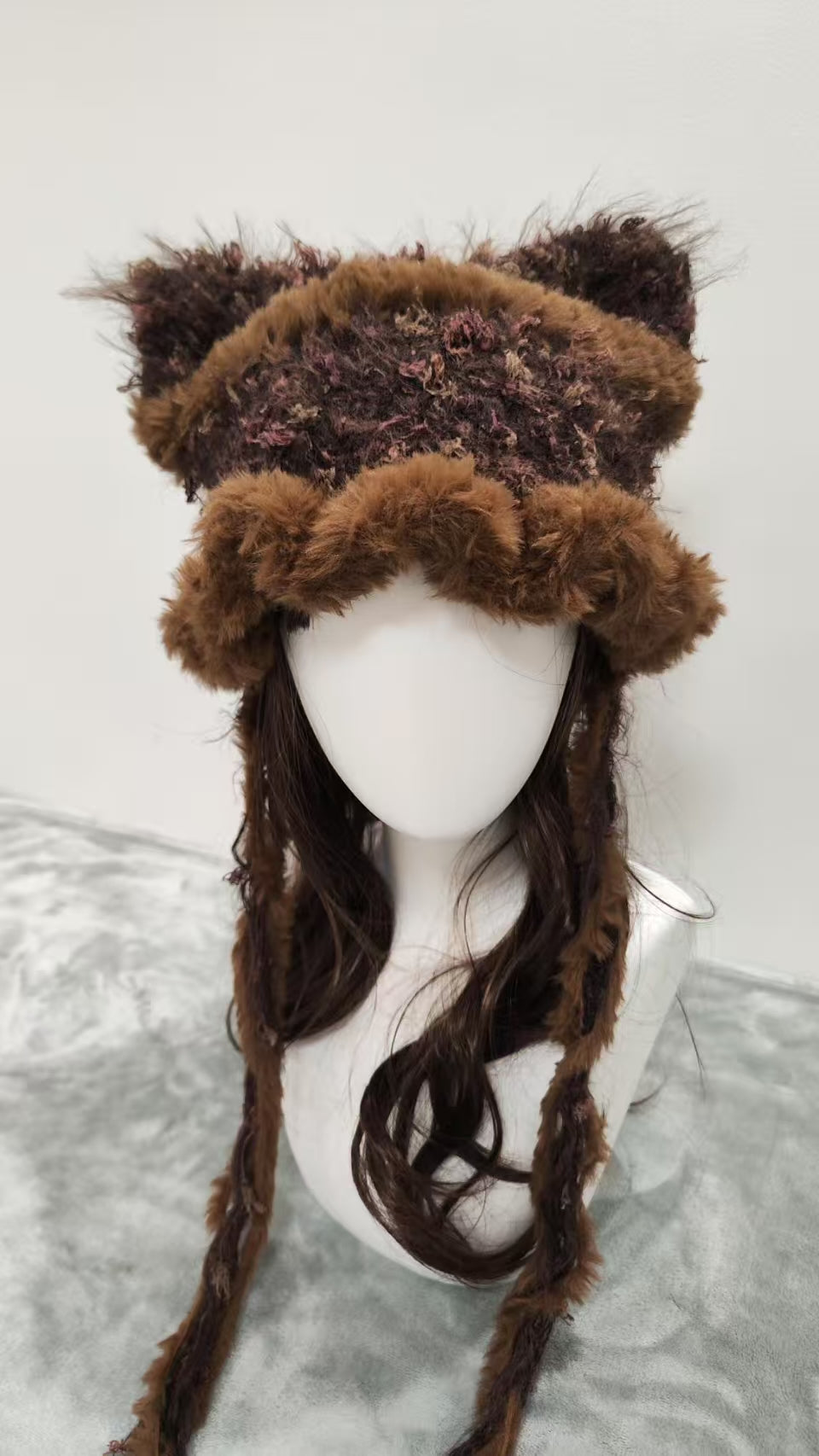 Caramel Latte Brown Cat Ear Jellyfish Hat – Handmade Mixed Yarn Crochet Beanie