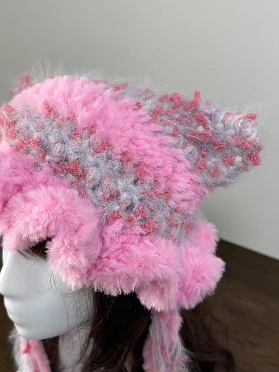 Pink Mixed Yarn Cat Ear Jellyfish Hat – Handmade Crochet Beanie