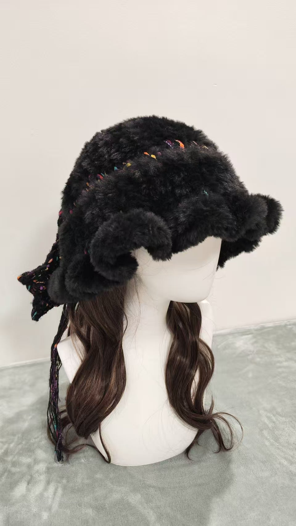 Wide Ruffle Edge Faux Mink Hat – Handmade Soft Winter Beanie, Elegant Cozy Knit Hat