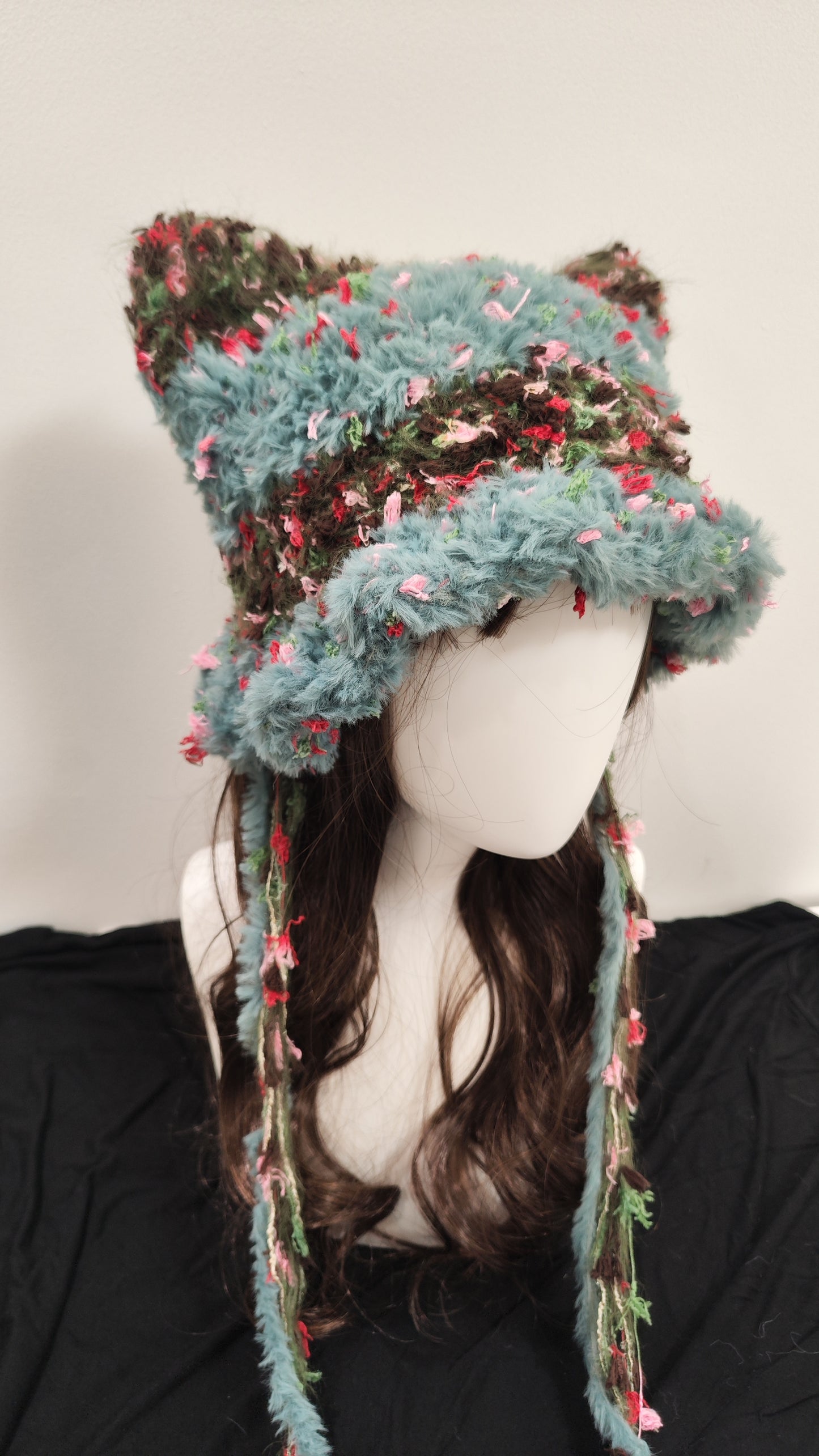“Cocoa Sky” Cat Ear Beanie – Blue & Brown Mixed Yarn Hat