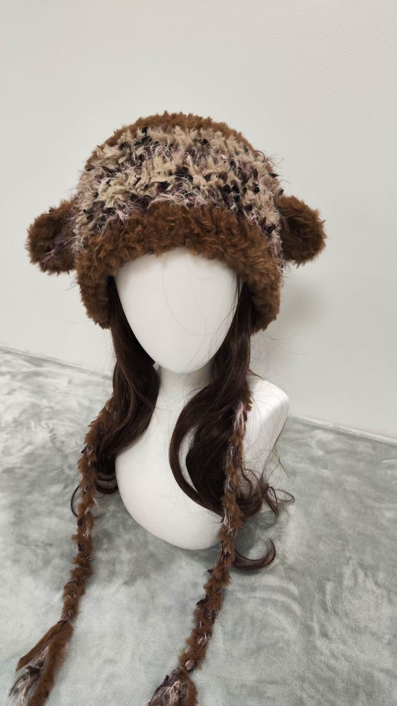 Brown Sheep Ear Crochet Beanie – Handmade Mixed Yarn Wool Hat
