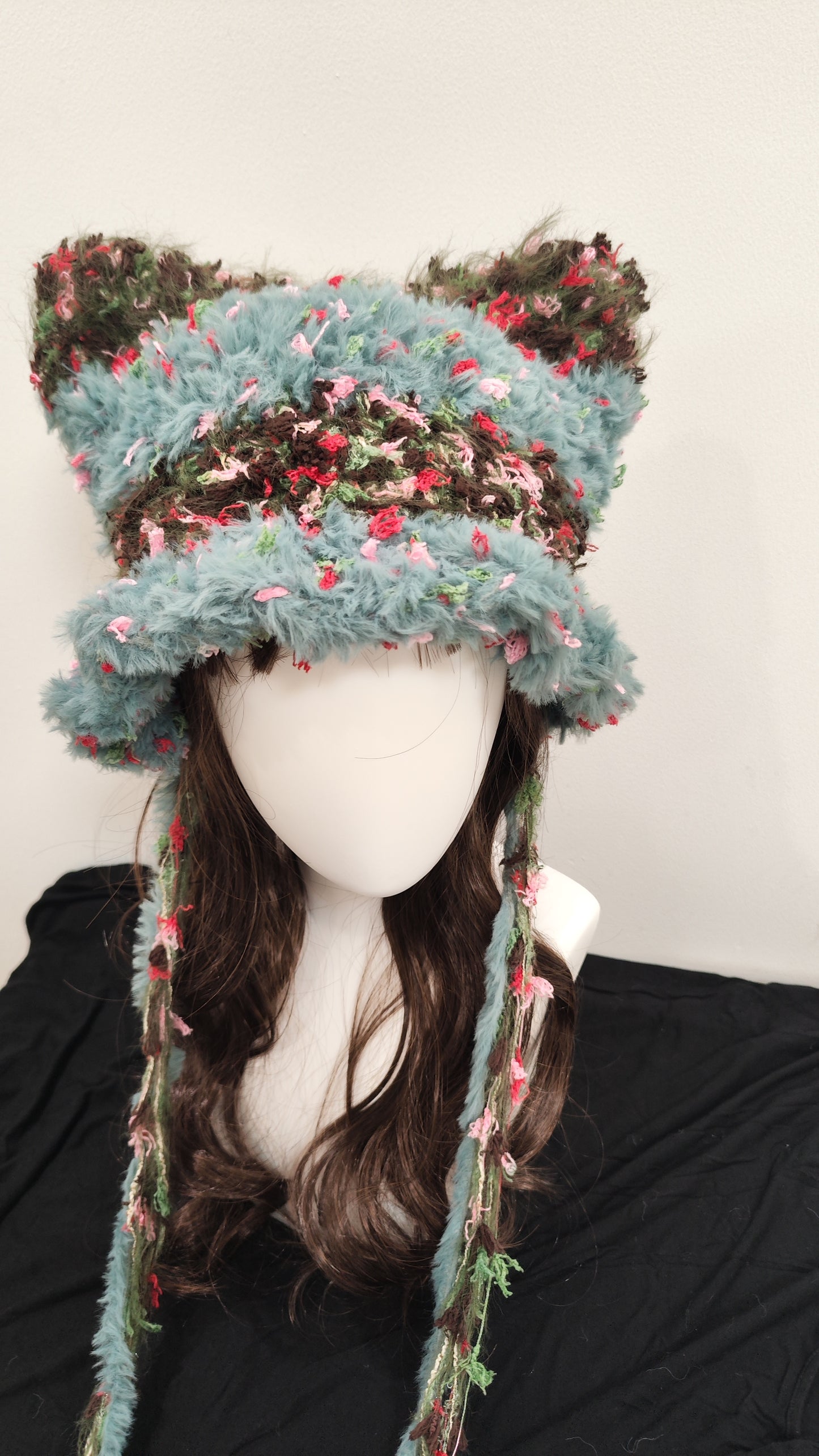 “Cocoa Sky” Cat Ear Beanie – Blue & Brown Mixed Yarn Hat