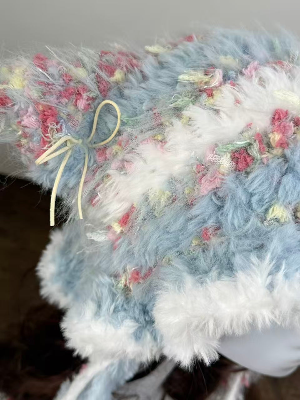 Blue and White Cat Ear Jellyfish Hat with Pom Poms – Handmade Fluffy Winter Beanie