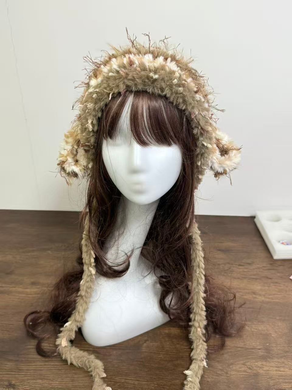 Gray and Coffee Brown Sheep Ear Hat – Handmade Fluffy Crochet Beanie