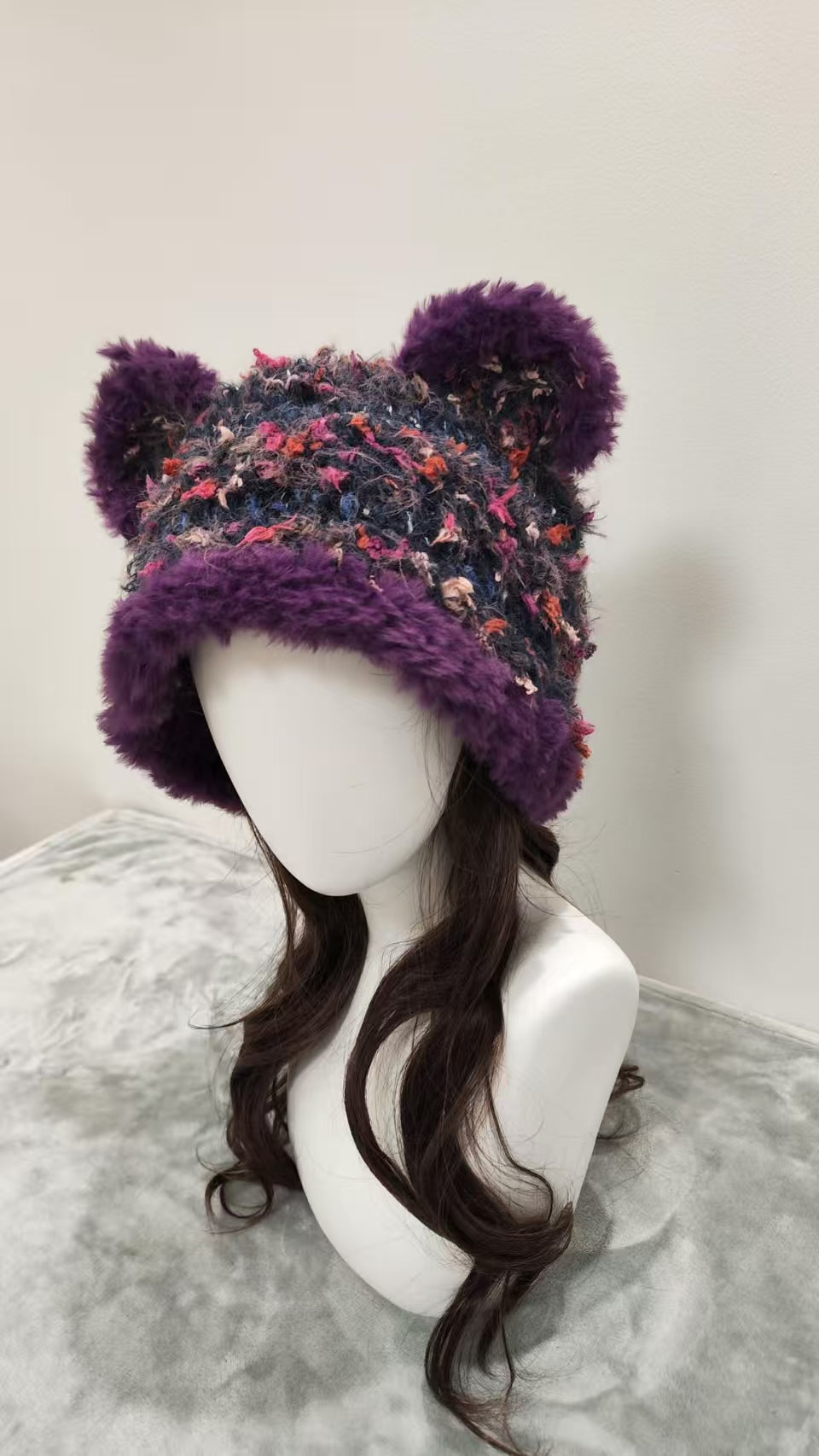 Midnight Fireworks Purple Bear Hat – Handmade Fluffy Mixed Yarn Beanie