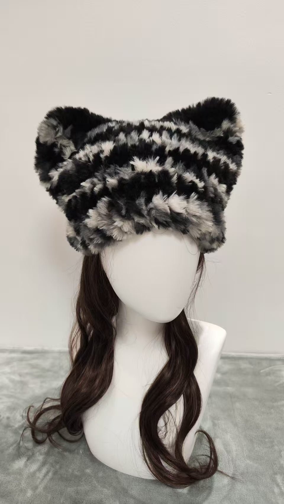 Black White Gray Camo Cat Ear Beanie – Handmade Mixed Yarn Fluffy Crochet Hat