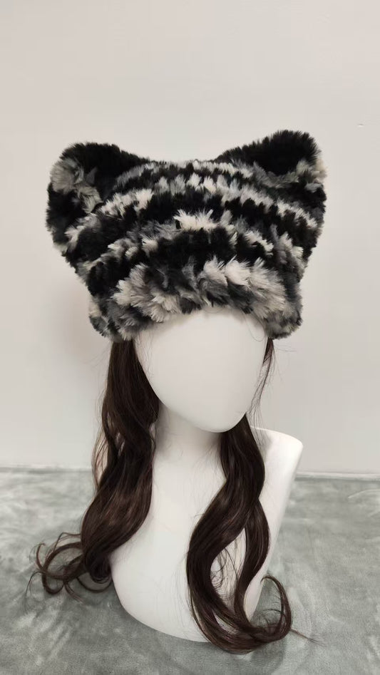 Black White Gray Camo Cat Ear Beanie – Handmade Mixed Yarn Fluffy Crochet Hat