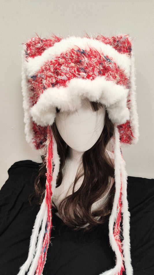 “Merry Bunny” Handcrafted Red & White Bunny Ear Hat – Christmas Edition