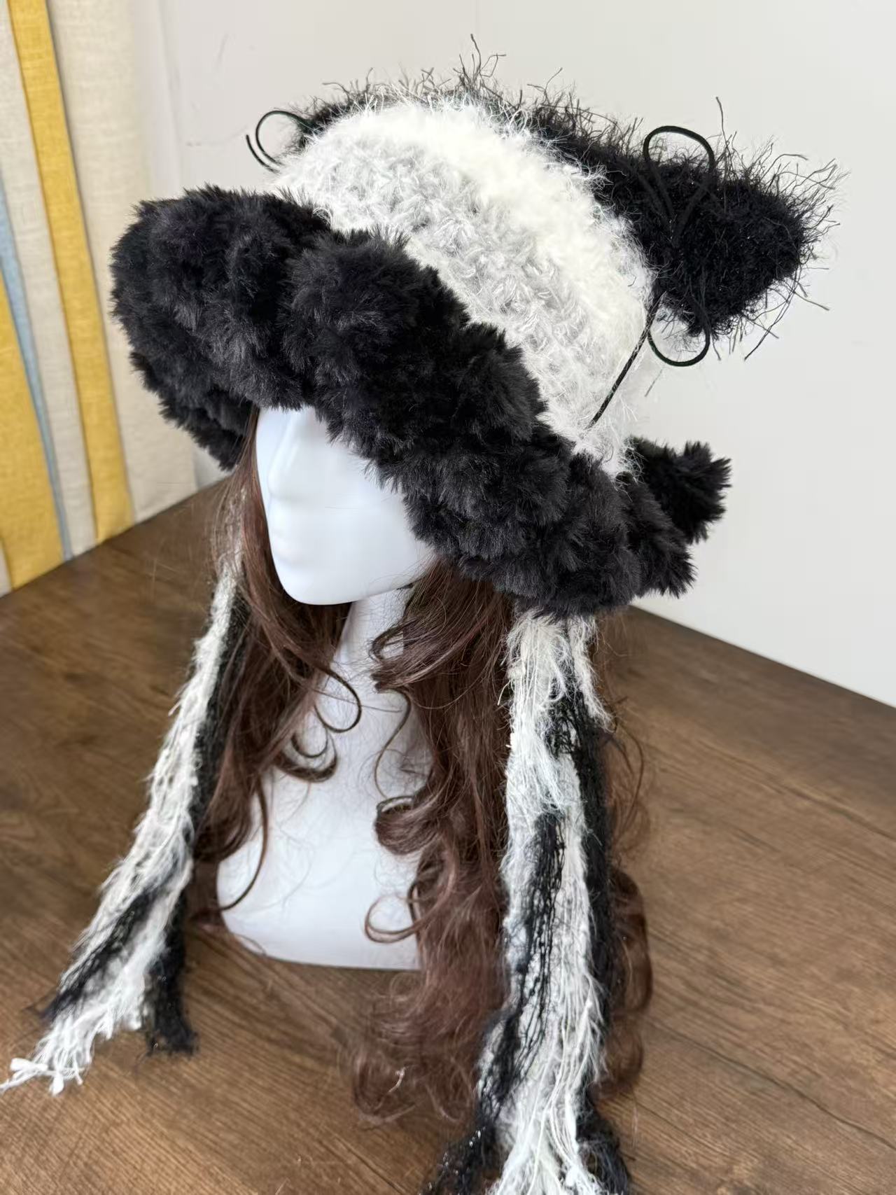 Black & White “Panda” Cat Ear Jellyfish Hat with Wide Ruffled Edge – Handmade Beanie