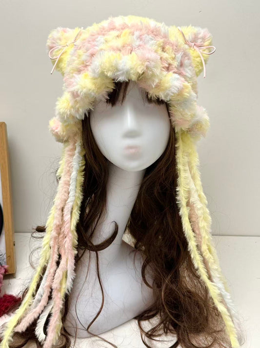 “Cotton Candy” Cat Ear Jellyfish Hat – Three-Color Mixed Yarn Beanie