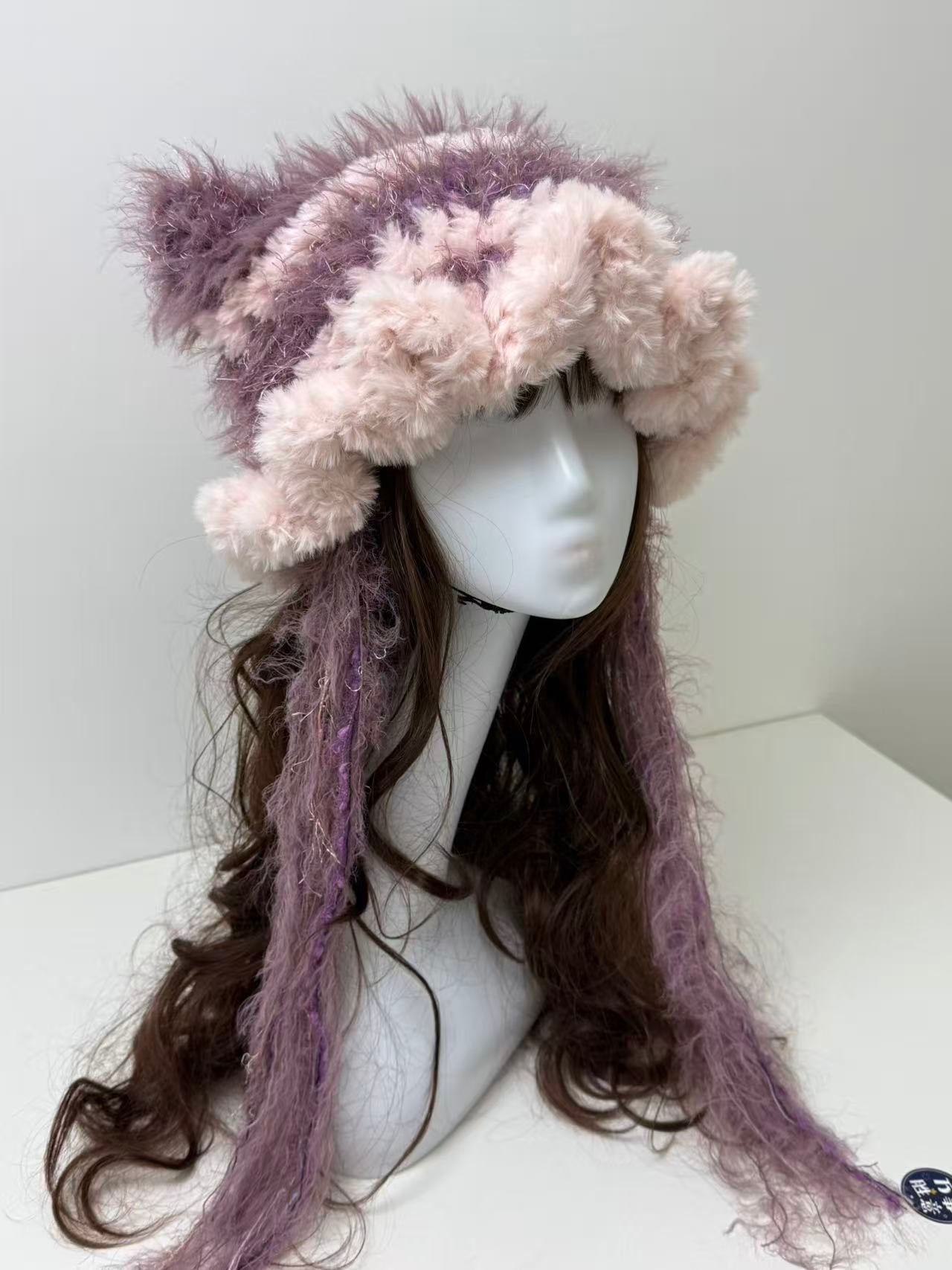 Pink-Lavender Cat Ear Jellyfish Hat with Large Ruffled Edge – Handcrafted Beanie