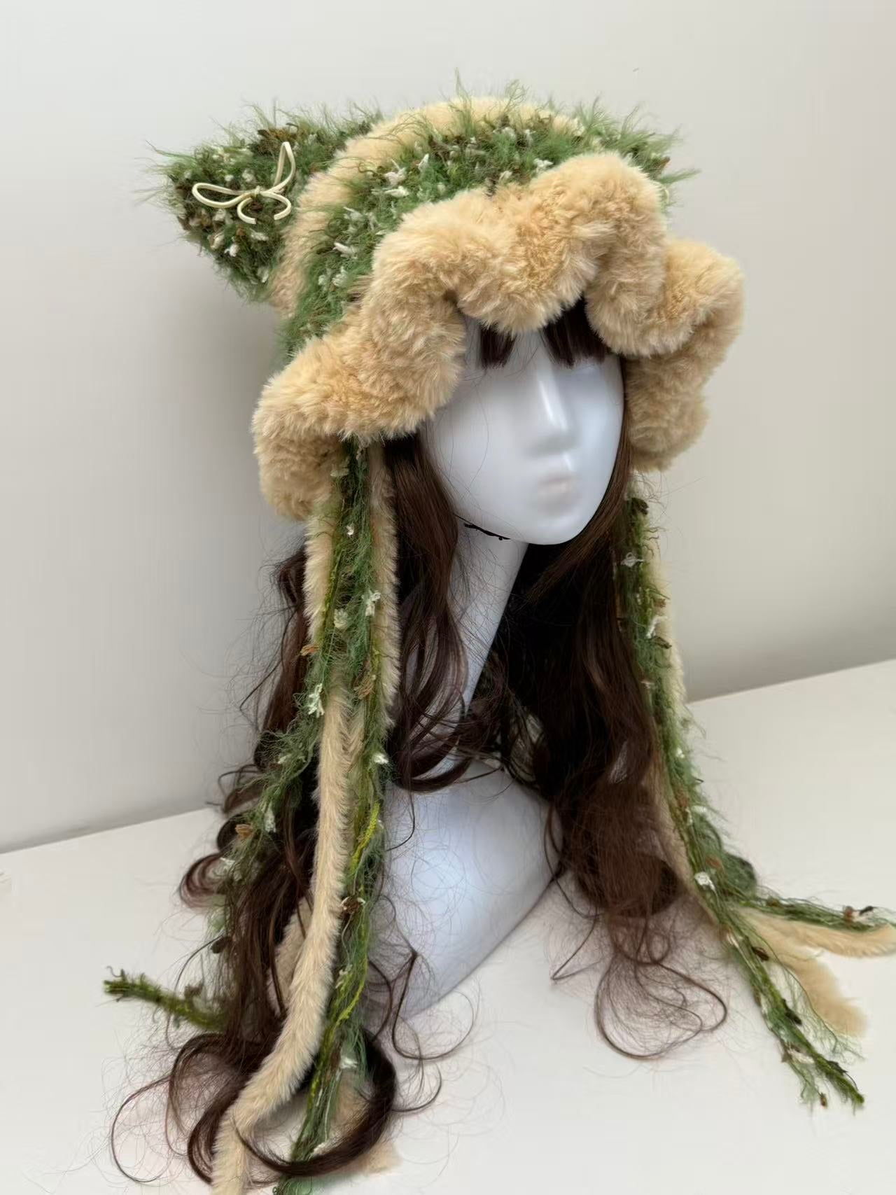 “Forest Elf” Cat Ear Jellyfish Hat with Wide Ruffled Edge – Handcrafted Green Mixed Yarn Beanie
