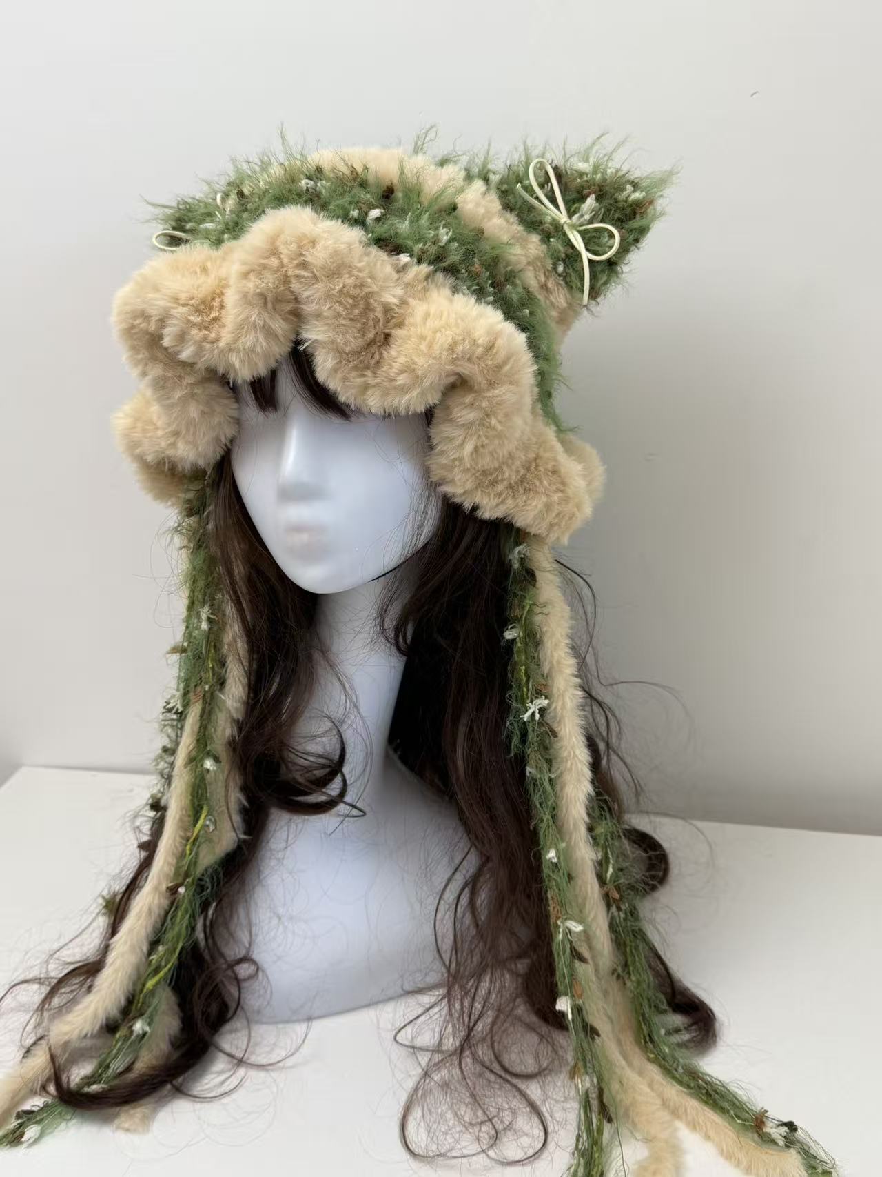 “Forest Elf” Cat Ear Jellyfish Hat with Wide Ruffled Edge – Handcrafted Green Mixed Yarn Beanie