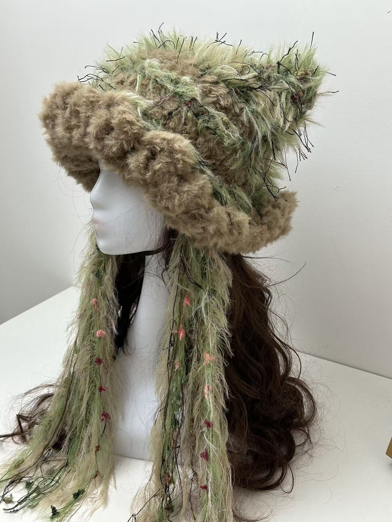 “Emerald Moss” Cat Ear Jellyfish Hat – Handcrafted Green Mixed Yarn Beanie