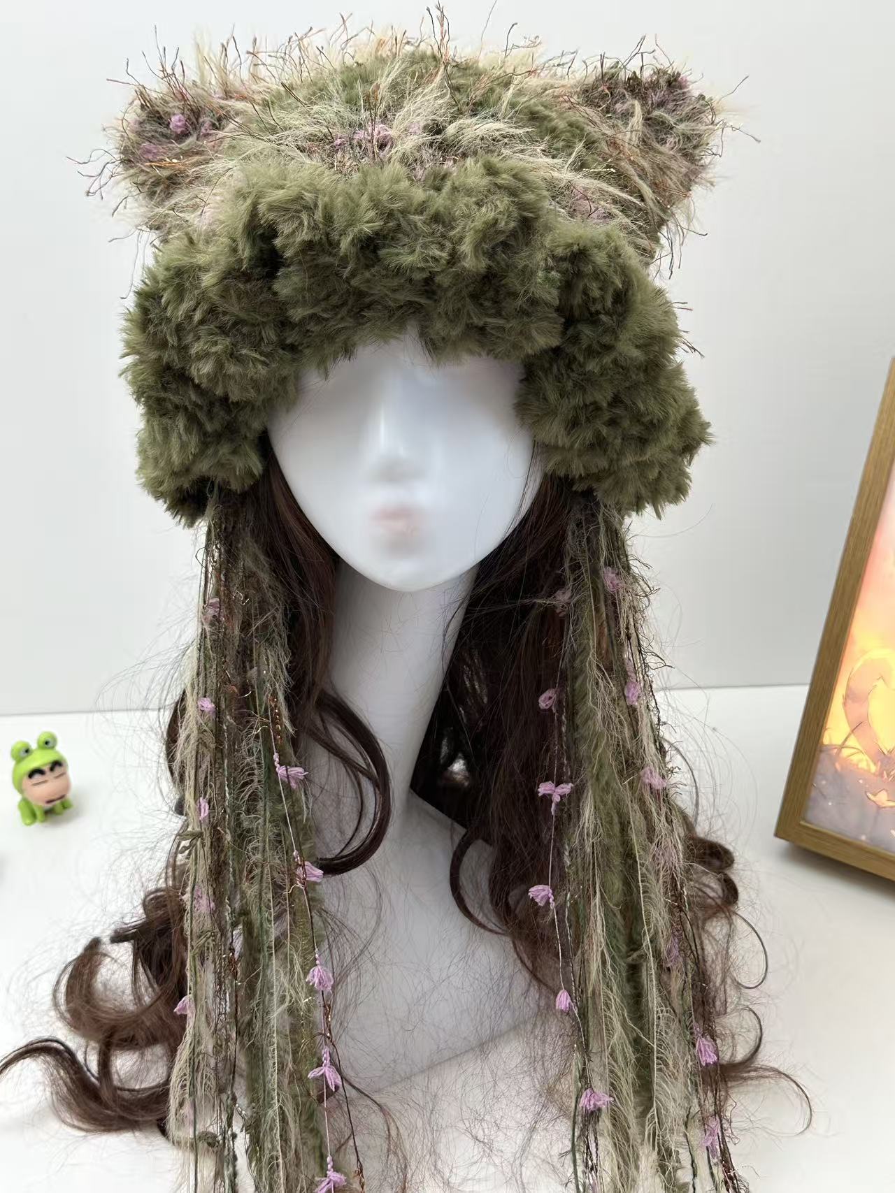 “Emerald Moss” Cat Ear Jellyfish Hat – Handcrafted Green Mixed Yarn Beanie