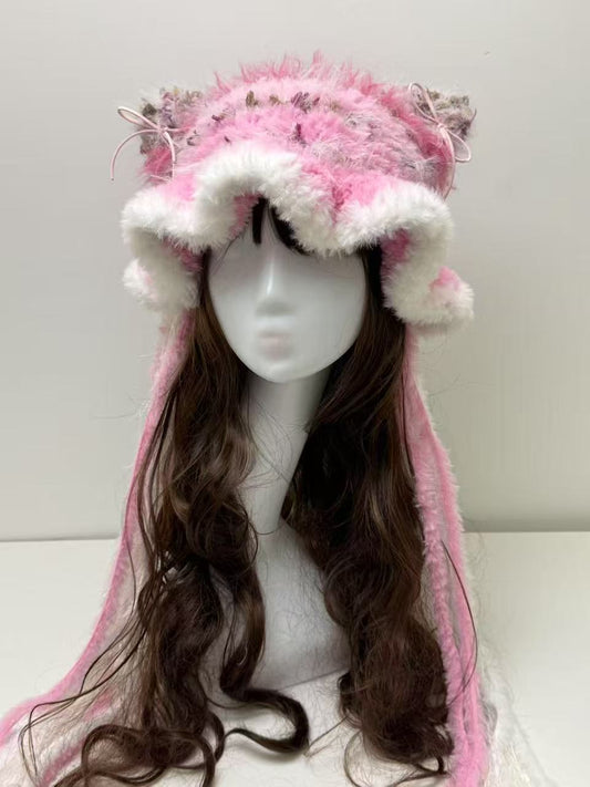 Pink Cat Ear Jellyfish Hat with White Edge – Handcrafted Mixed Yarn Beanie