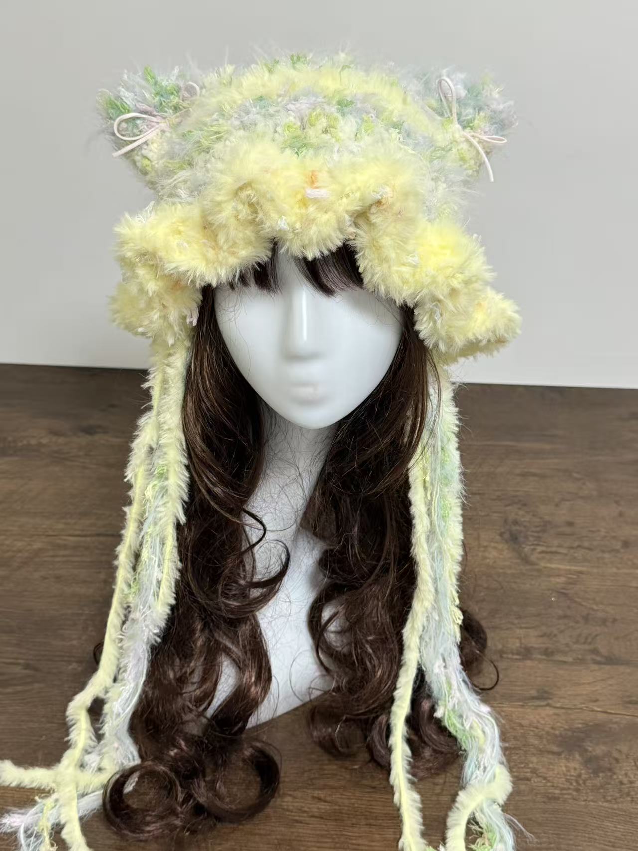 “Spring Meadow” Cat Ear Jellyfish Hat with Wide Ruffled Edge – Handcrafted Mixed Yarn Beanie